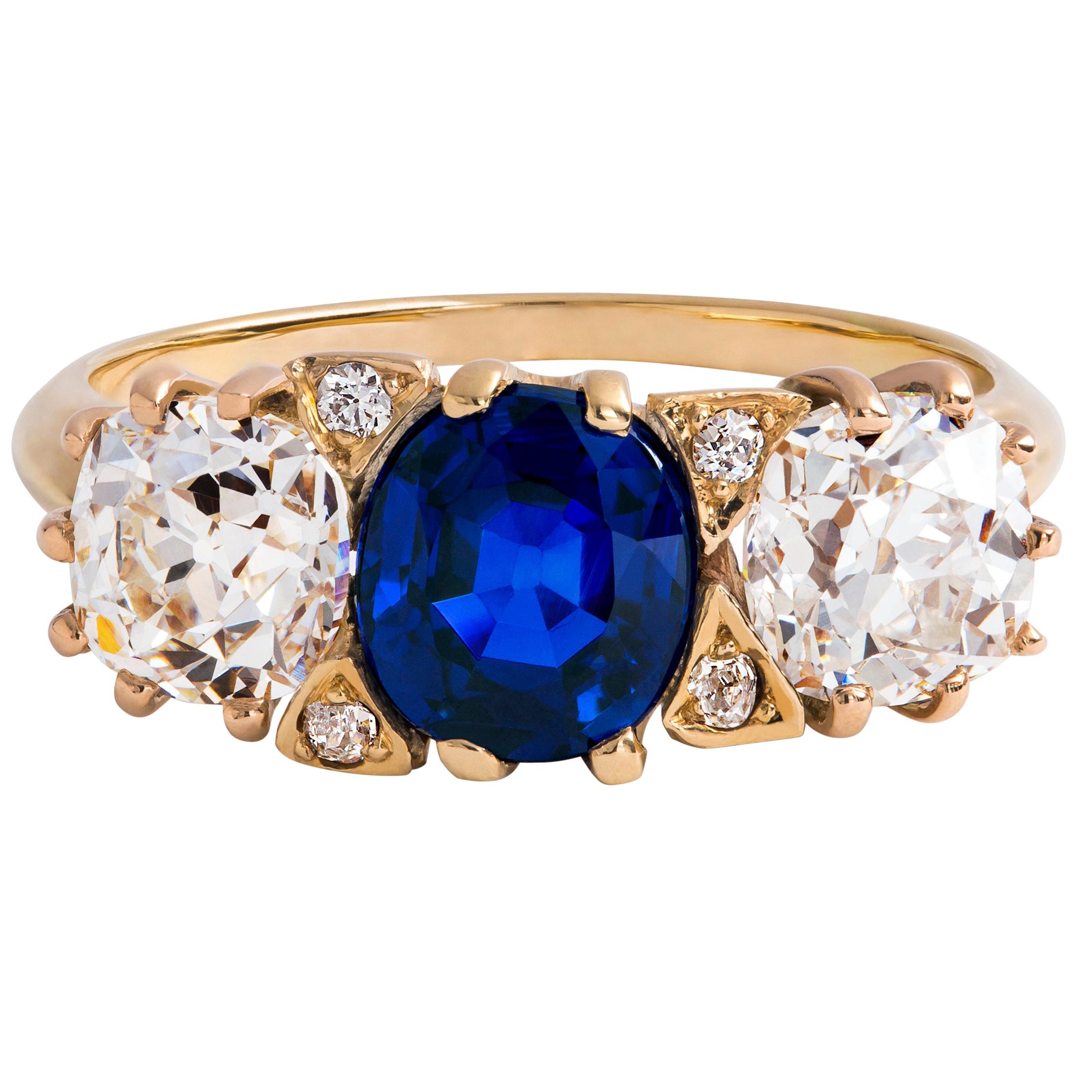 Antique J.E. Caldwell & Co. Sapphire and Diamond 3-Stone Ring in 14 Karat Gold For Sale