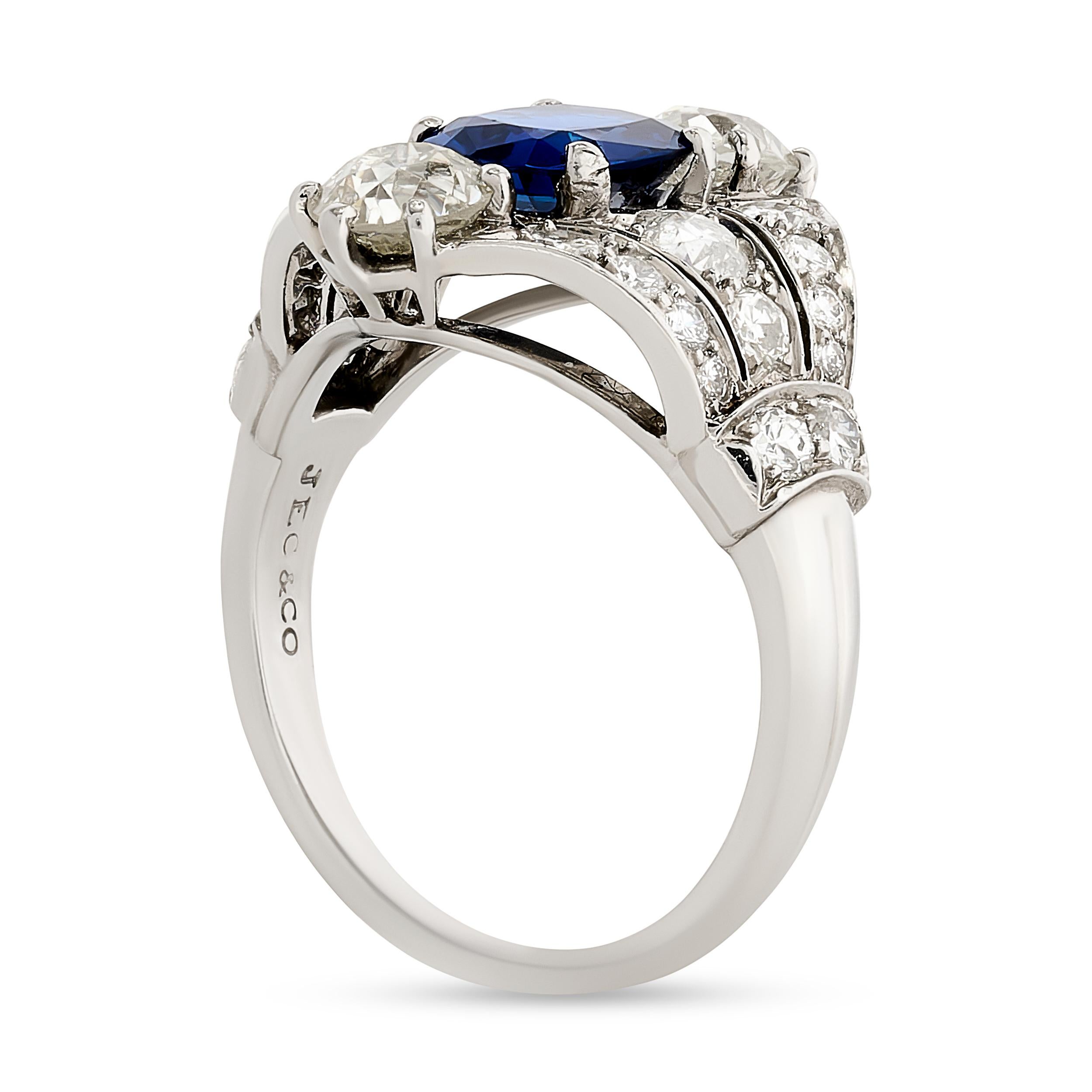 An antique pair of sapphire and diamond earrings crafted by J.E. Caldwell, with timeless elegance and meticulous craftsmanship.

The centerpiece of this ring is a 1.66 carat unheated cushion cut Cambodian sapphire accompanied by an AGL report. The