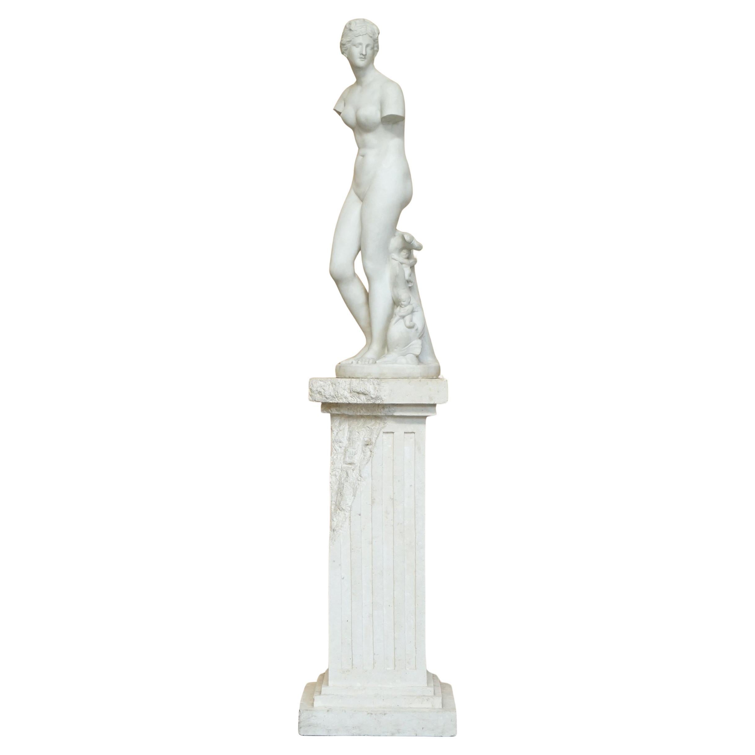 ANTIQUE JEAN- ANTOINE HOUDON SiGNED LARGE VENUS DE MILO MARBLE STATUE ON PLINTH For Sale