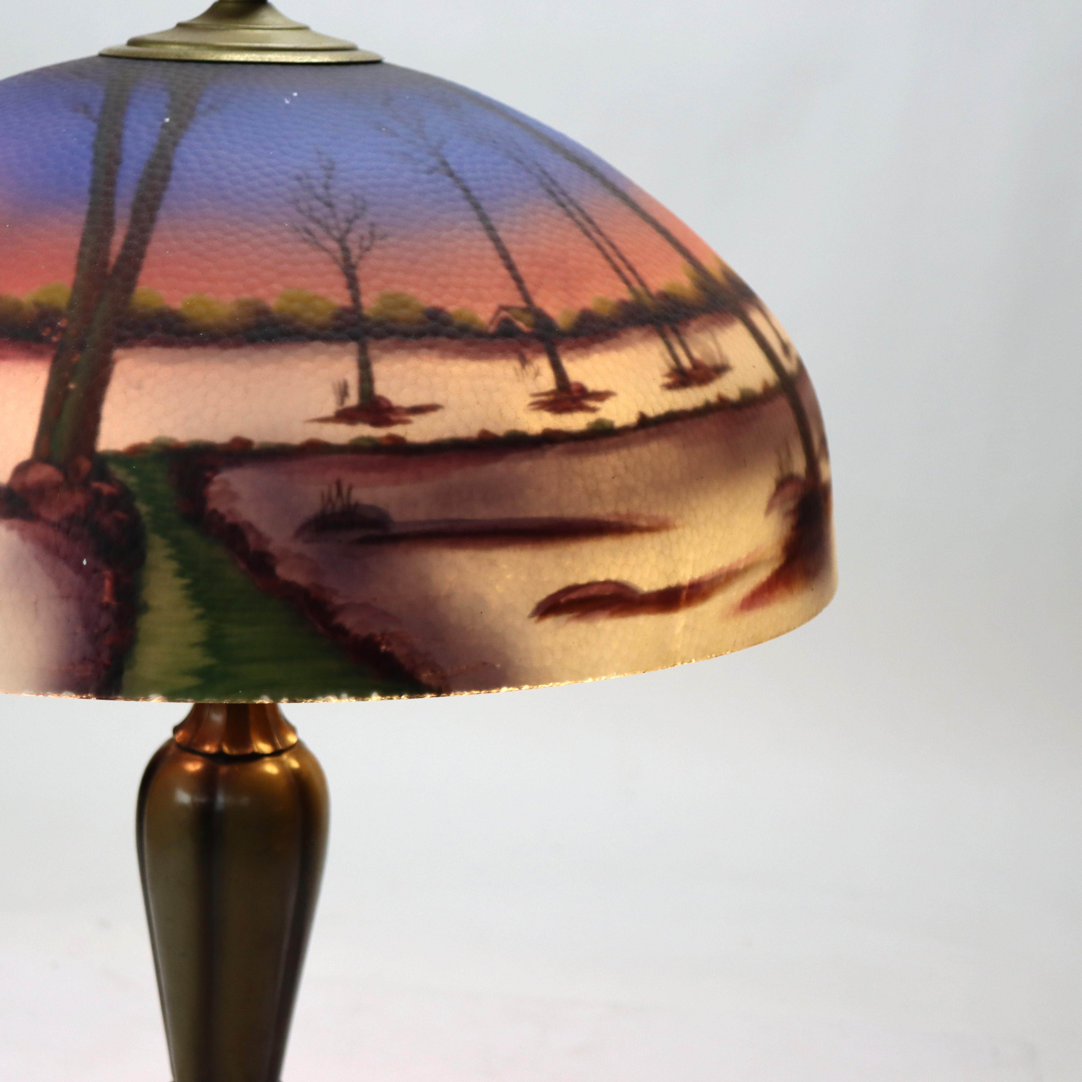 Glass Antique Jefferson attr Reversed Painted Scenic Landscape Table Lamp c1920 For Sale