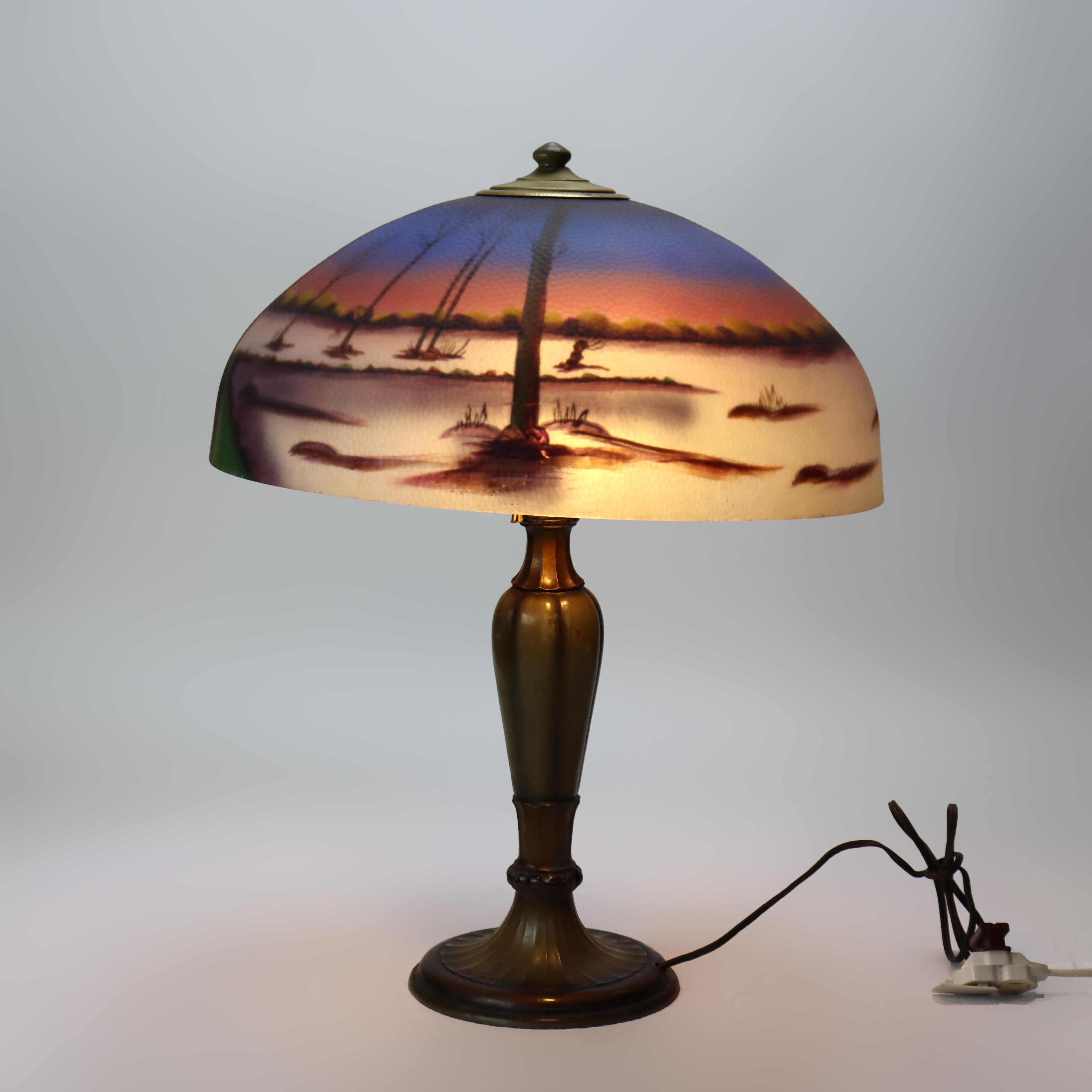 Antique Jefferson attr Reversed Painted Scenic Landscape Table Lamp c1920 For Sale 2
