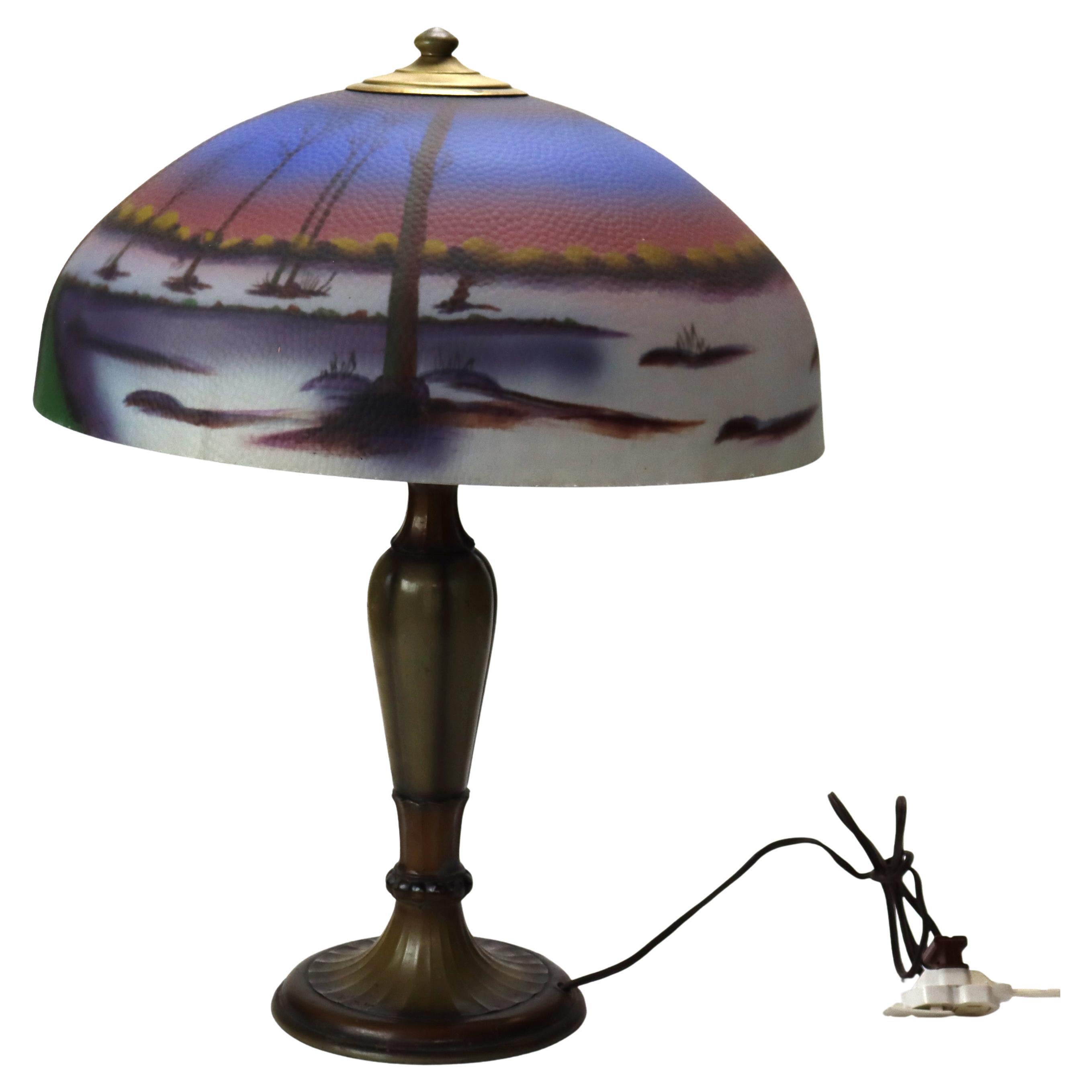 Antique Jefferson attr Reversed Painted Scenic Landscape Table Lamp c1920