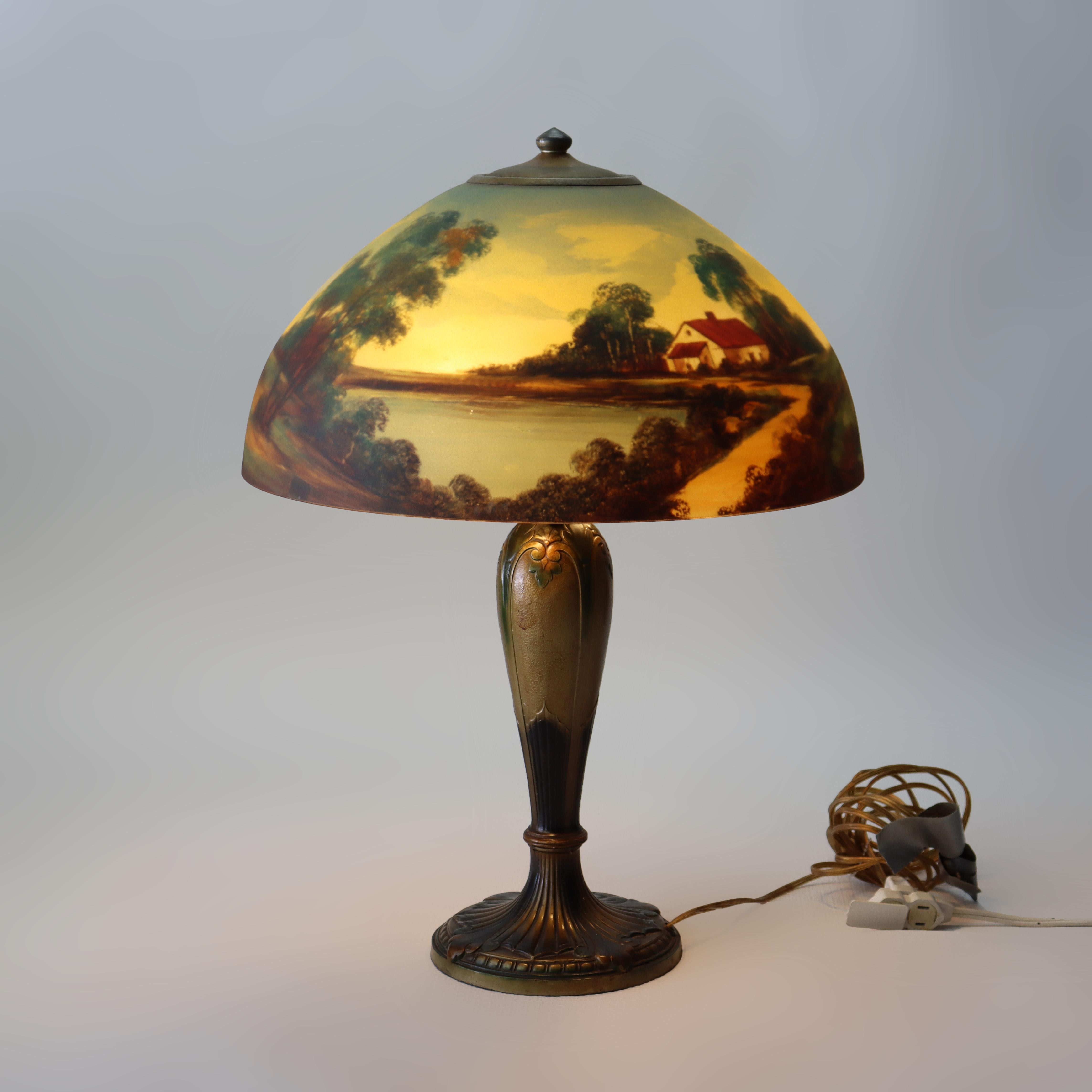 Lampe de table ancienne Jefferson peinte à l'envers, paysage scénique Unsig en vente 1