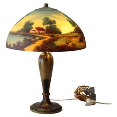 Antique Jefferson Reverse Painted Scenic Landscape Table Lamp Unsig
