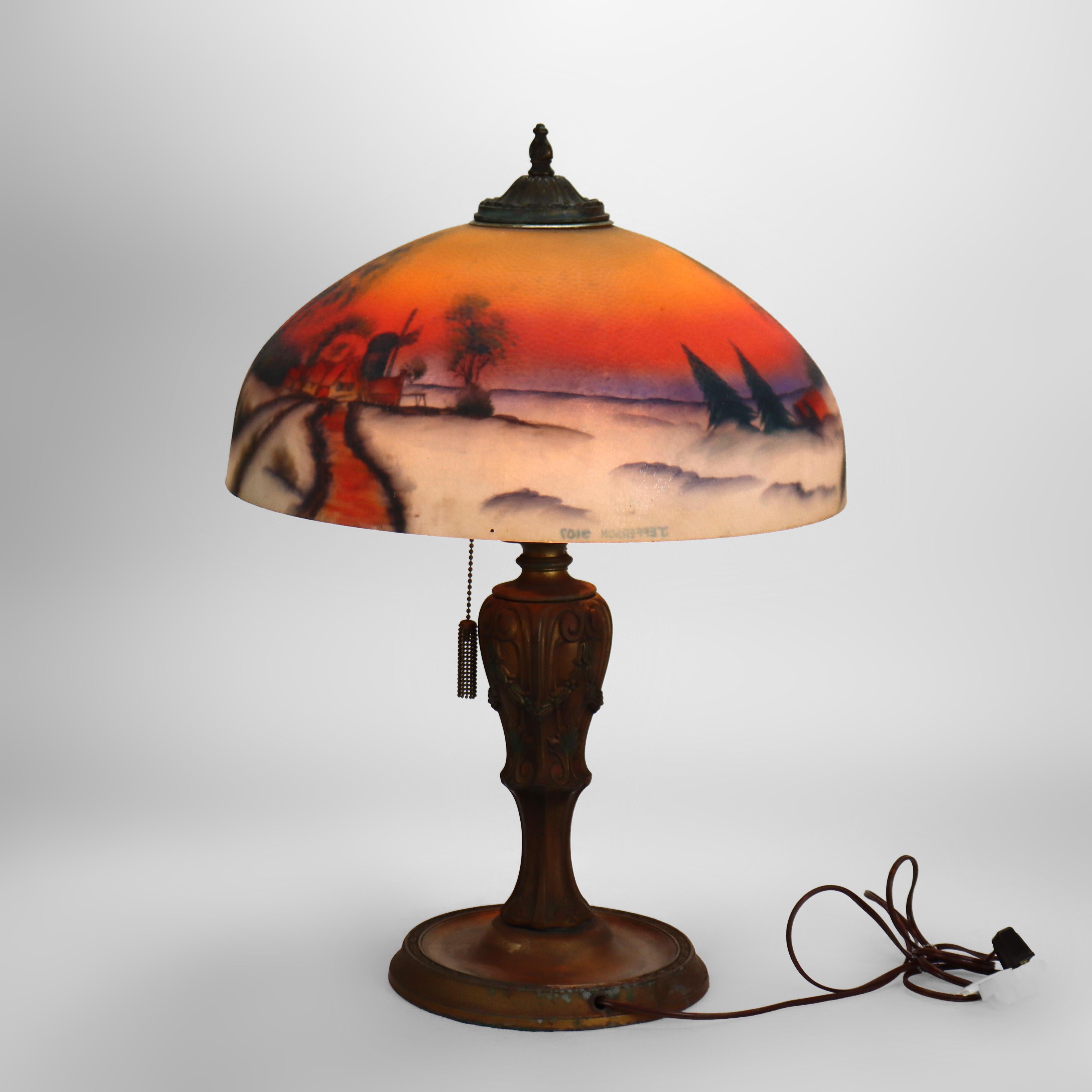 Antique Jefferson Textured Reverse Painted Landscape Table Lamp c1920 en vente 6