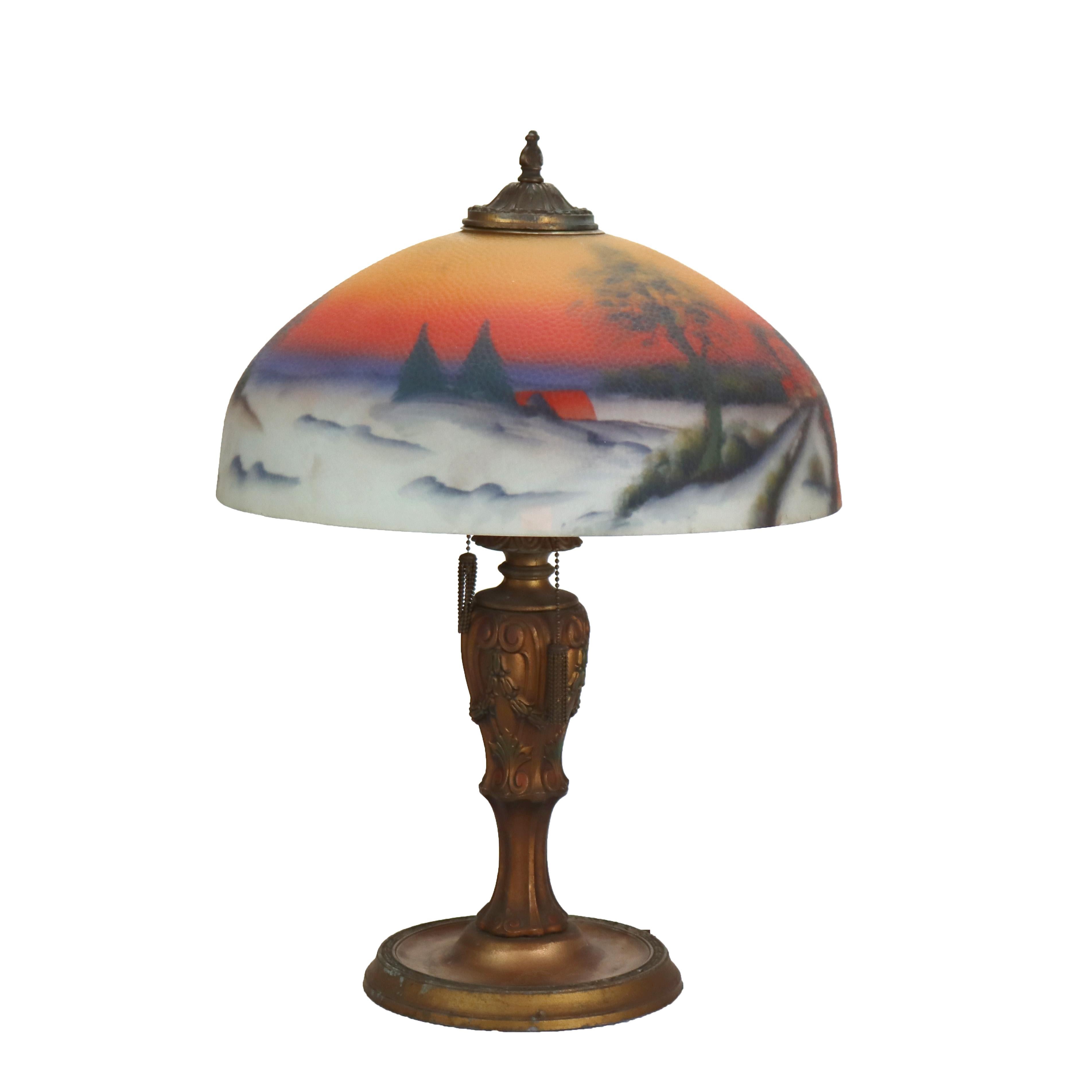 Antique Jefferson Textured Reverse Painted Landscape Table Lamp, Signed Shade, C1920

Measures - 23 3/4