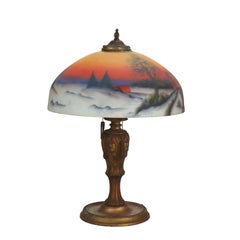 Antique Jefferson Textured Reverse Painted Landscape Table Lamp c1920