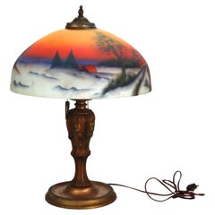 Antique Jefferson Textured Reverse Painted Landscape Table Lamp c1920