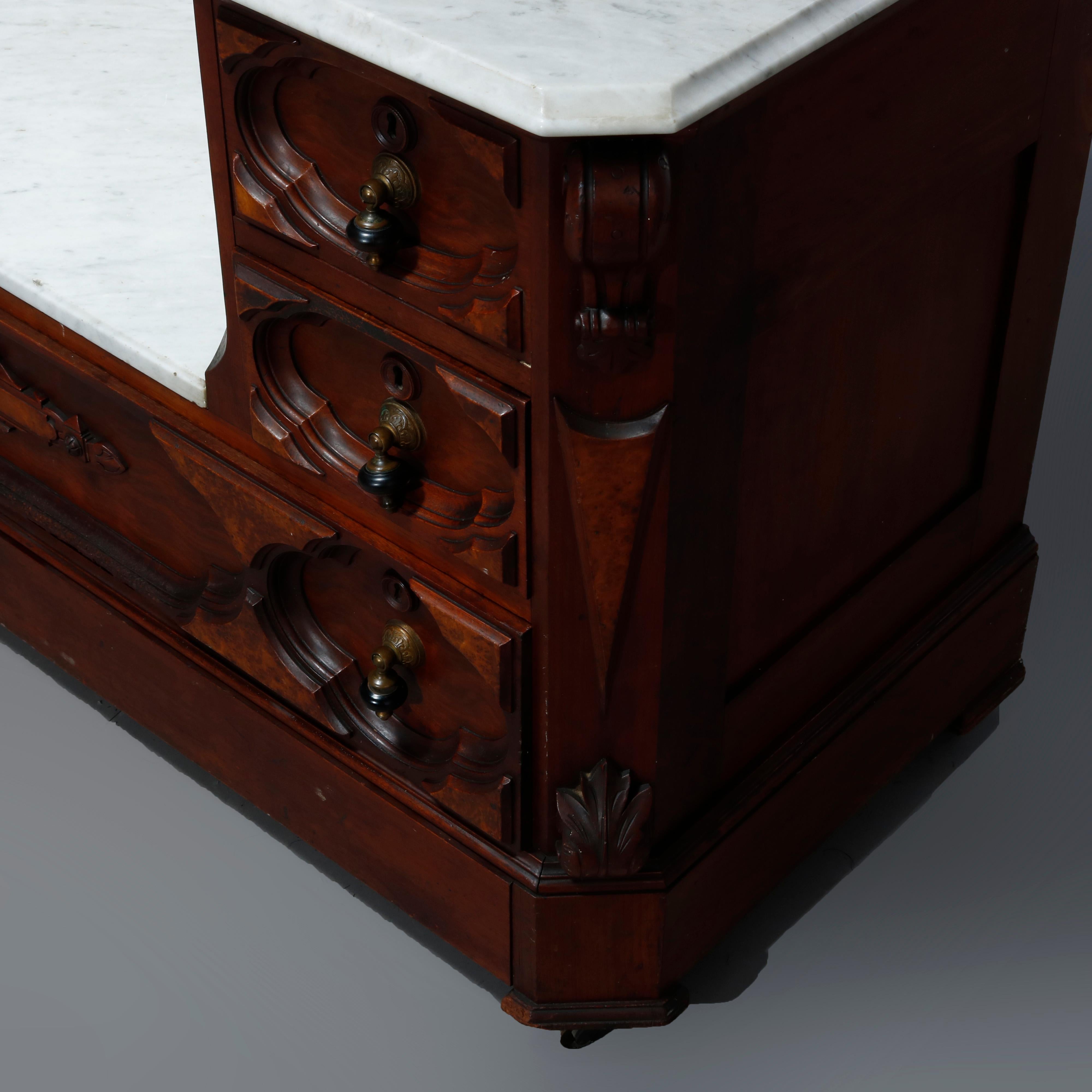 Antique Jelliff Renaissance Revival Carved Walnut, Burl & Marble Dresser, c1870 9