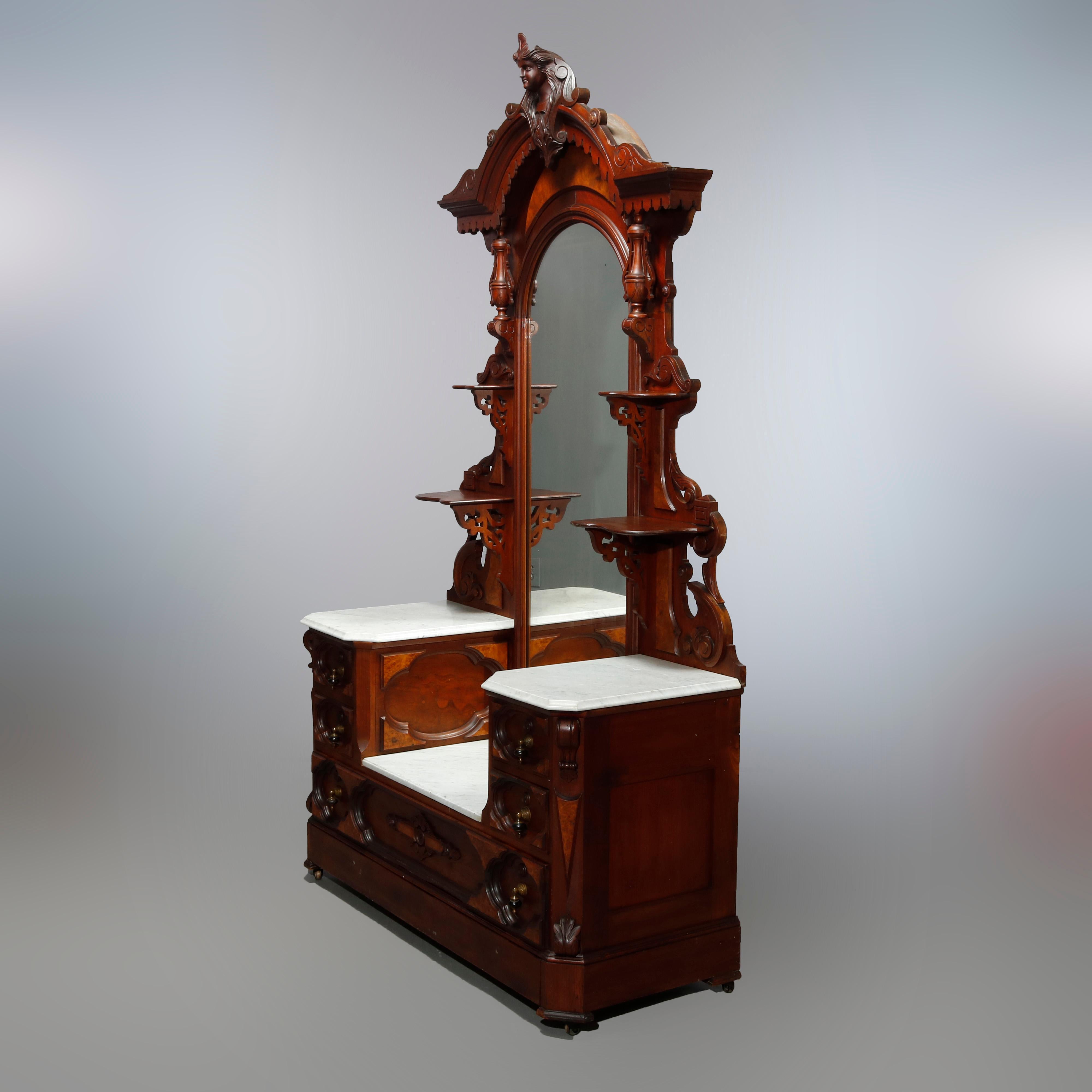 Antique Jelliff Renaissance Revival Carved Walnut, Burl & Marble Dresser, c1870 12