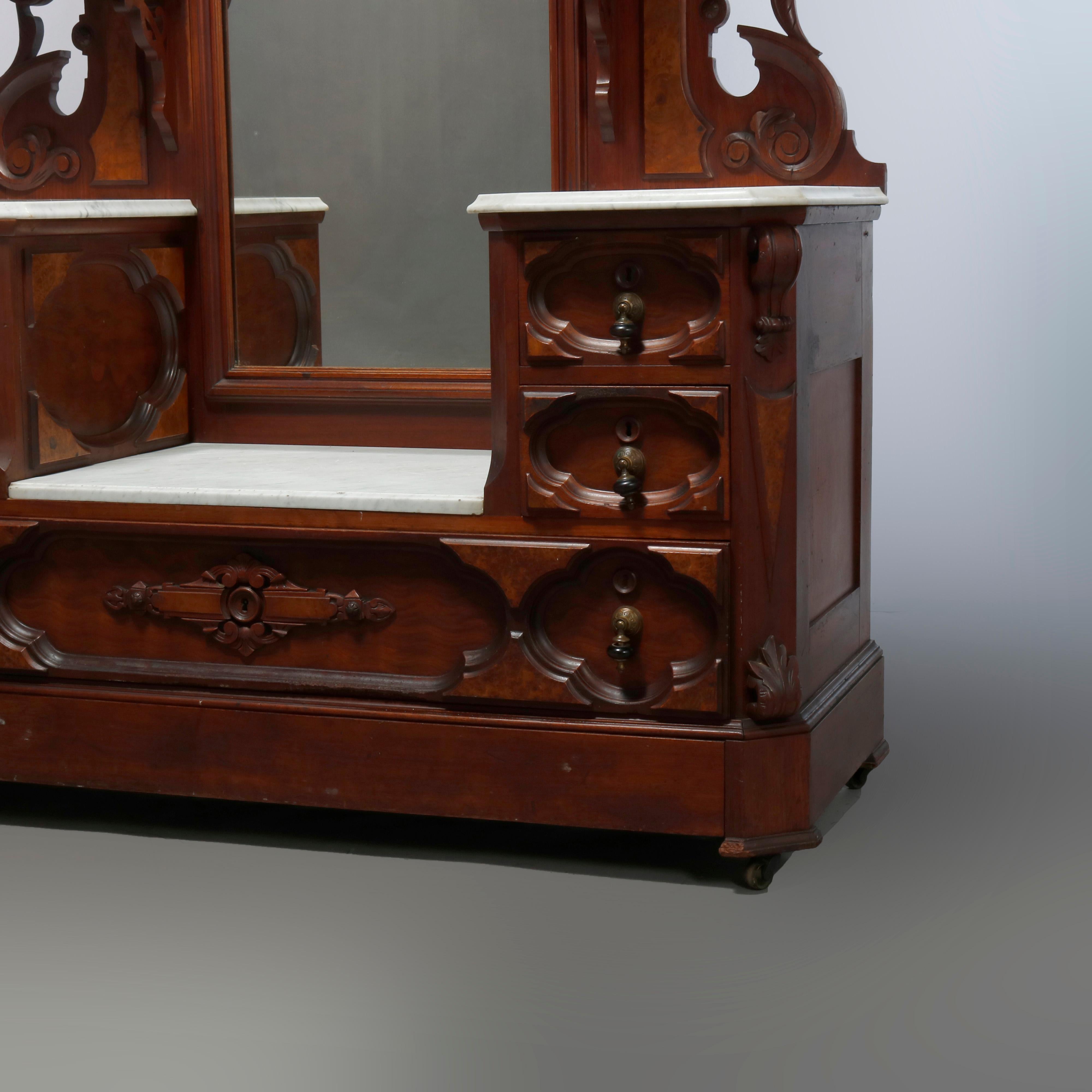Antique Jelliff Renaissance Revival Carved Walnut, Burl & Marble Dresser, c1870 1