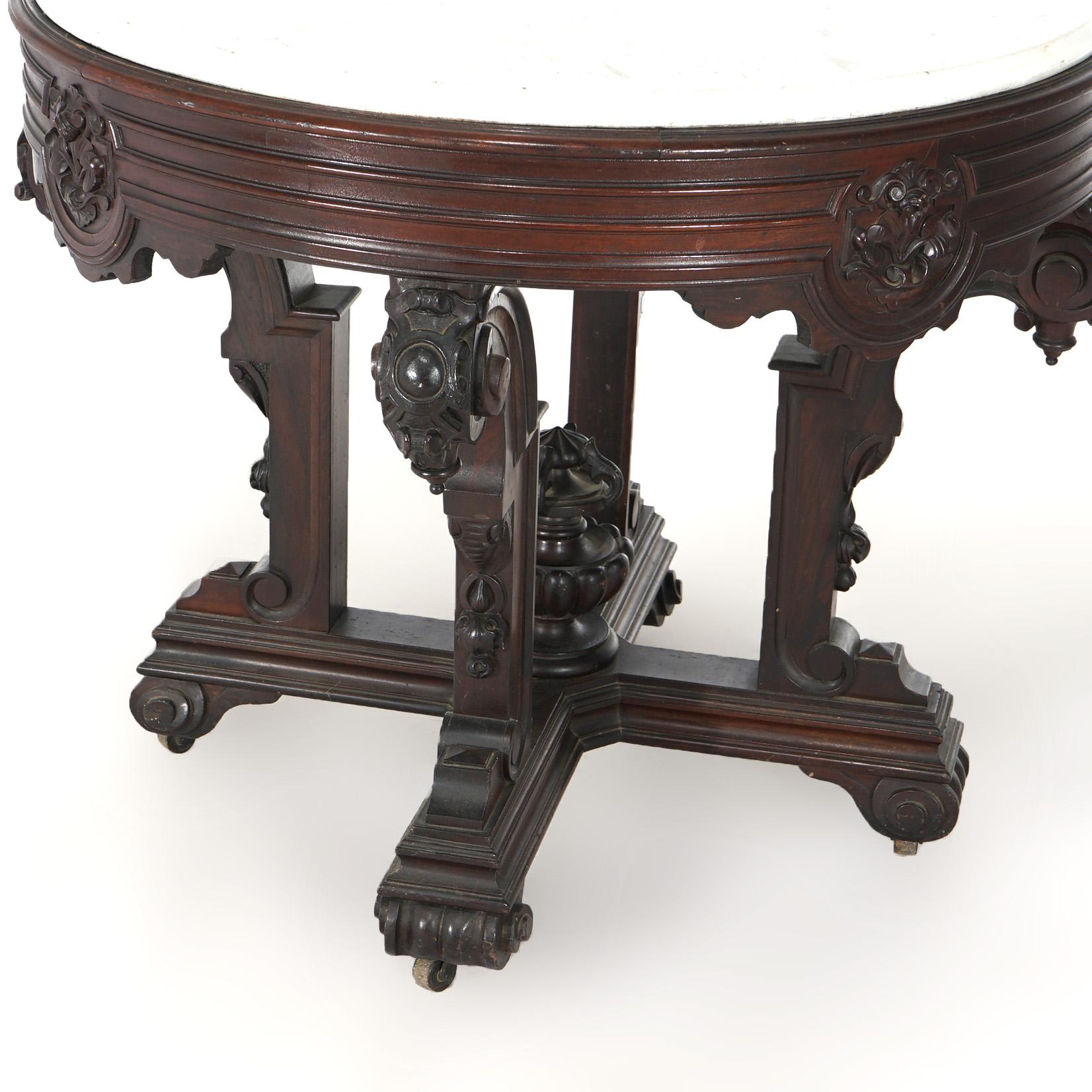 Renaissance Revival Antique Jelliff School Renaissance Carved Rosewood Marble Top Center Table C1880