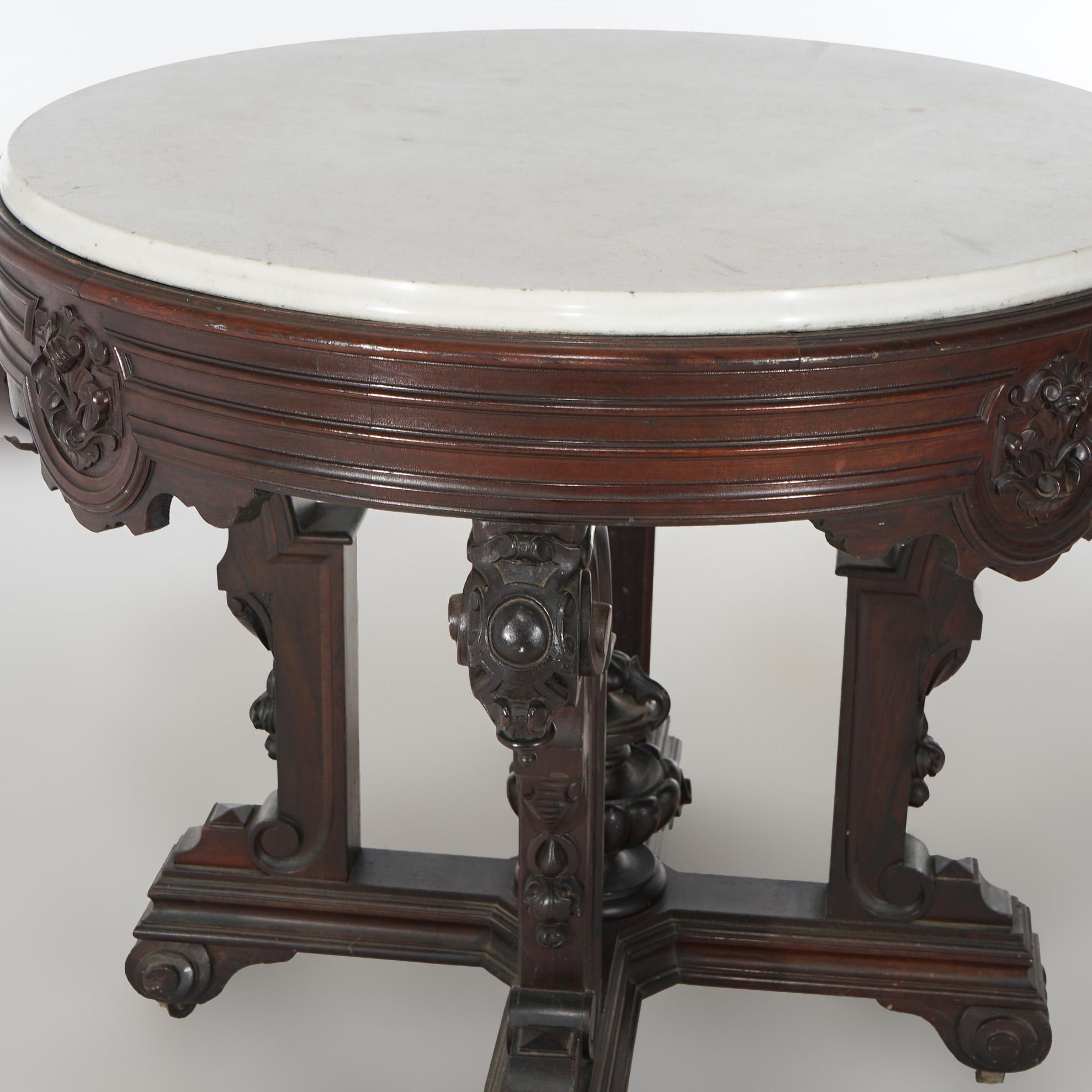 American Antique Jelliff School Renaissance Carved Rosewood Marble Top Center Table C1880