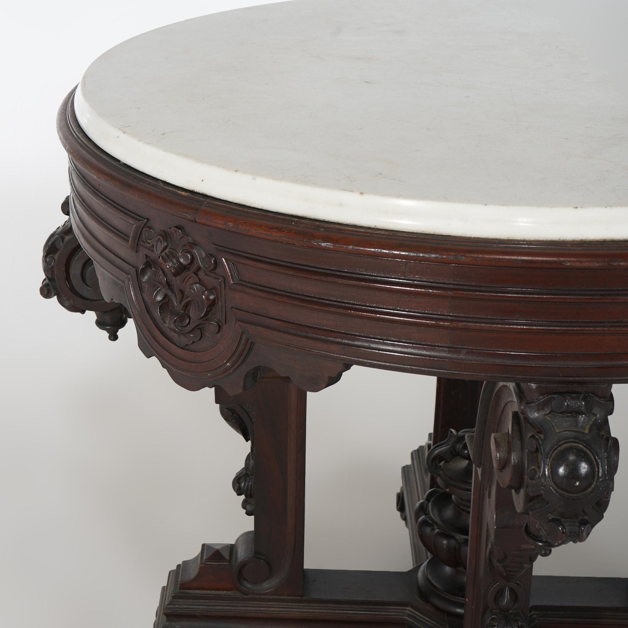 Antique Jelliff School Renaissance Carved Rosewood Marble Top Center Table C1880 In Good Condition In Big Flats, NY