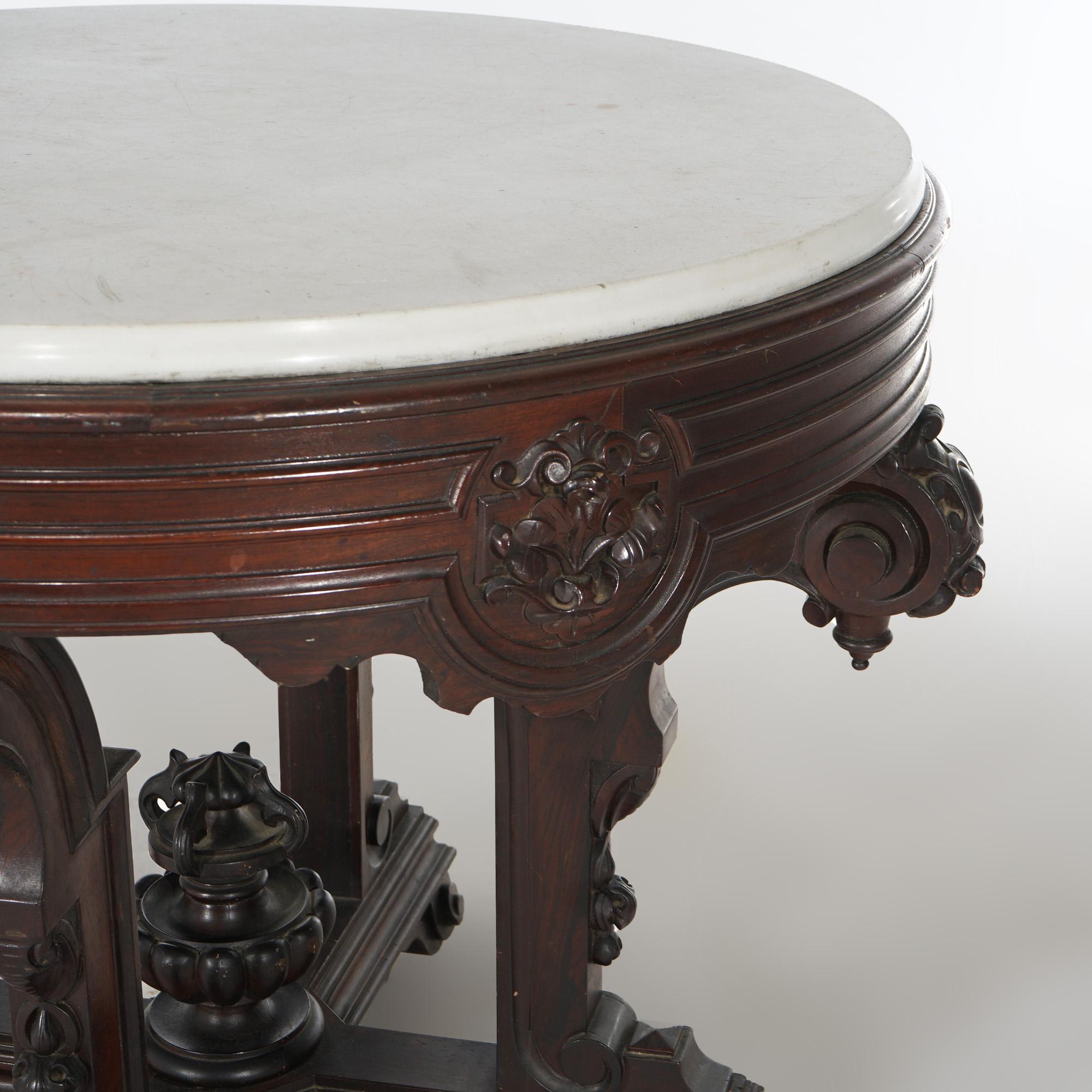 19th Century Antique Jelliff School Renaissance Carved Rosewood Marble Top Center Table C1880