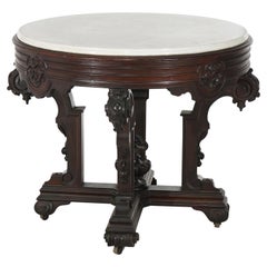 Antique Jelliff School Renaissance Carved Rosewood Marble Top Center Table C1880