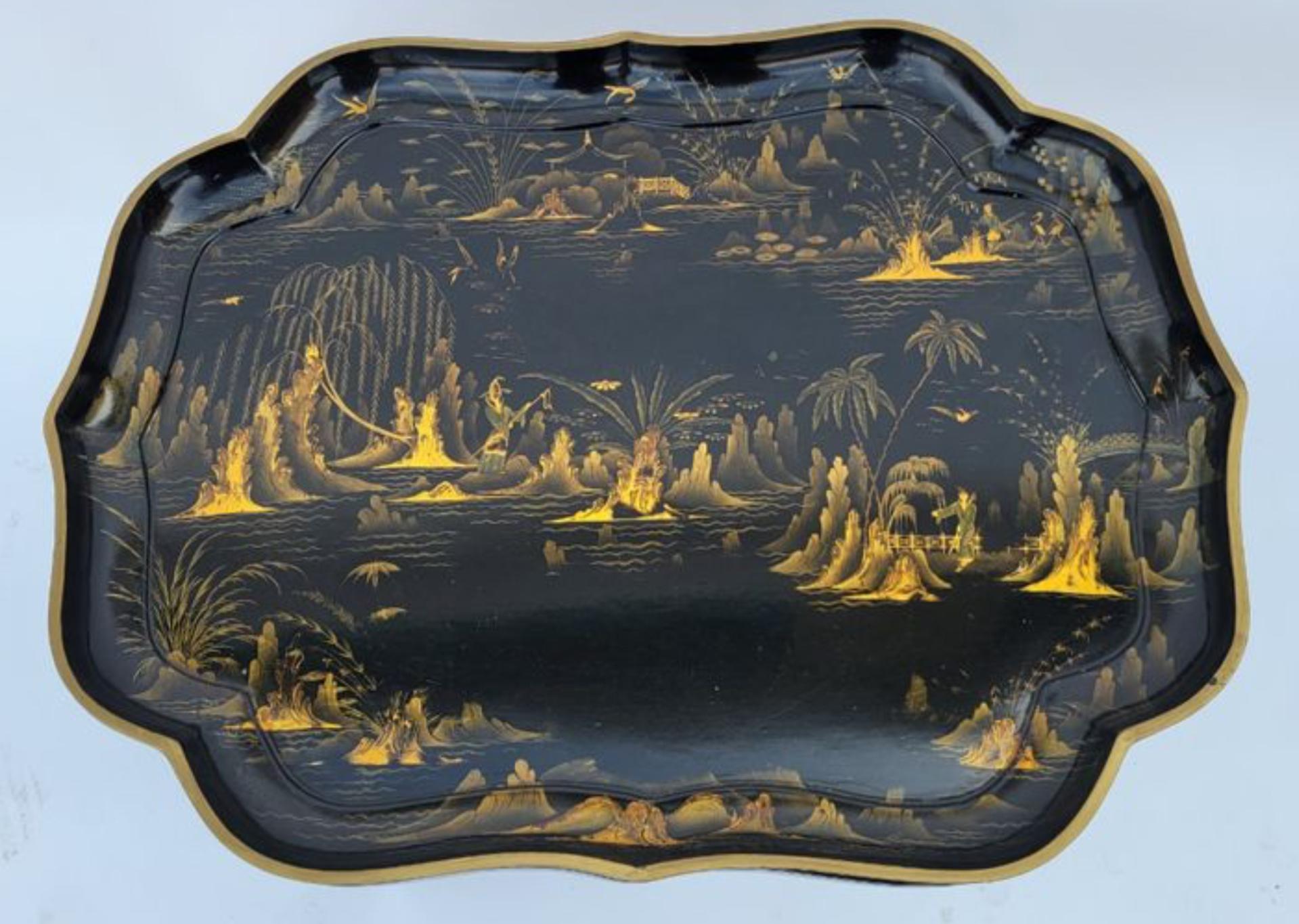 Antique Jennens & Bettridge Chinoiserie Black & Gold Cocktail Tray Table In Good Condition For Sale In LOS ANGELES, CA