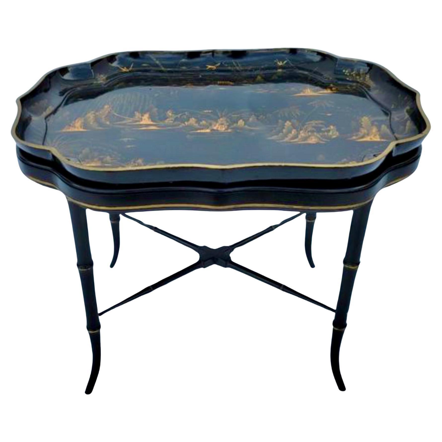 Antique Jennens & Bettridge Chinoiserie Black & Gold Cocktail Tray Table For Sale