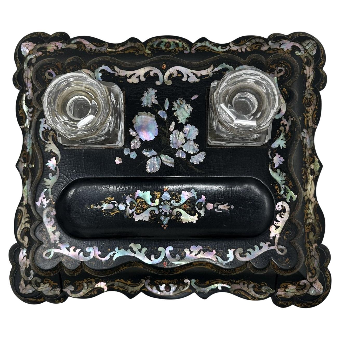 Antique Jennings & Bettridge Grand Tour Papier Mache Desk Set Inkstand Encrier