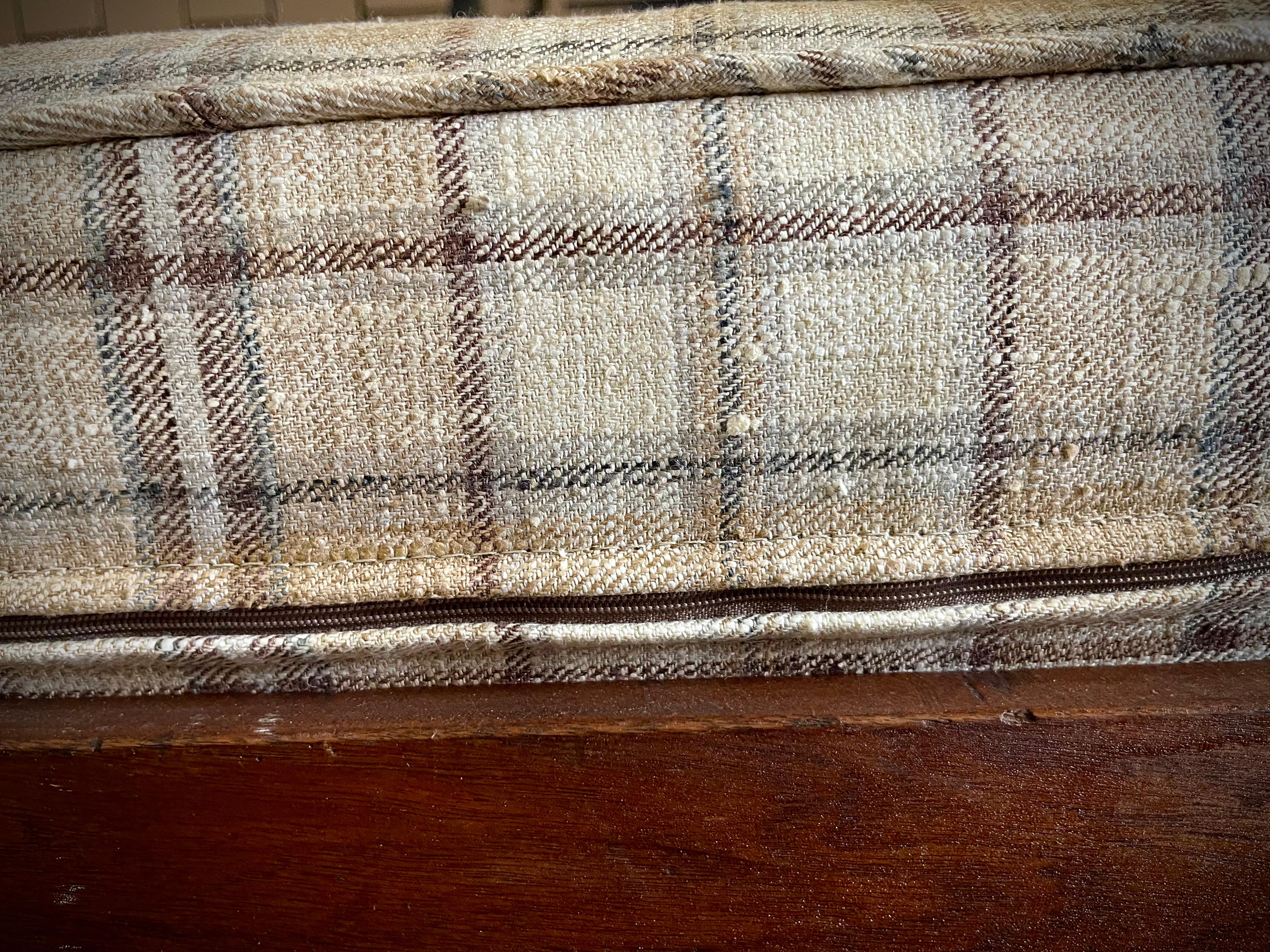 Fabric Antique Jenny Lind Spindle Daybed Bench with Neutral Plaid Upholstery