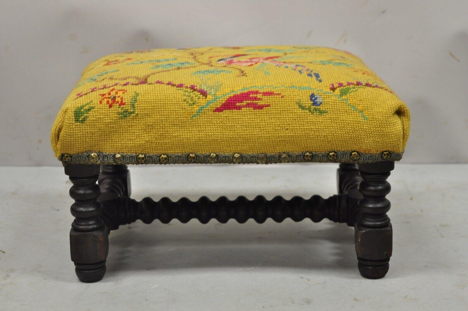 Antique Jenny Lind Turn Carved Walnut Needlepoint Small Footstool                5