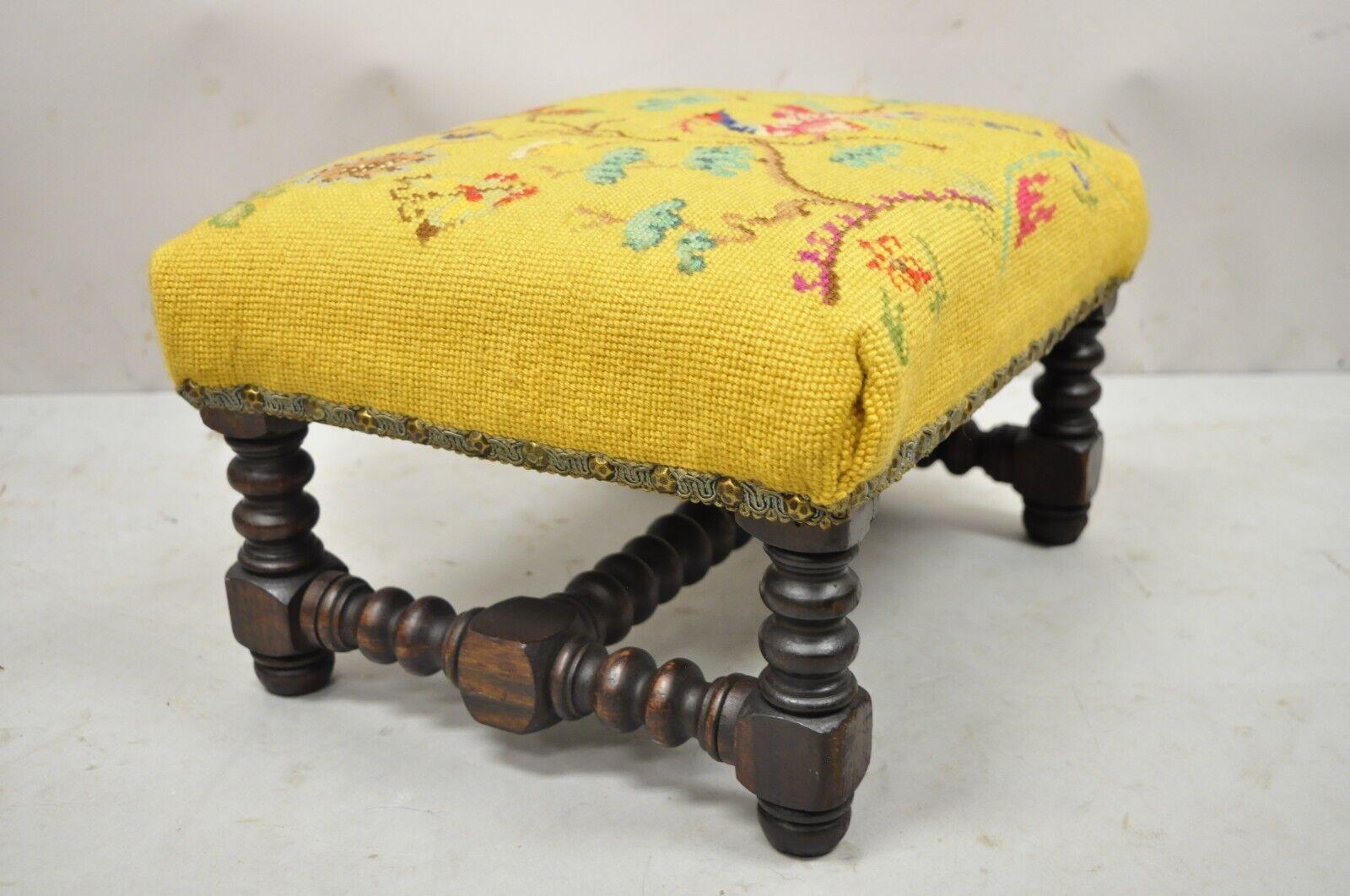 20th Century Antique Jenny Lind Turn Carved Walnut Needlepoint Small Footstool               