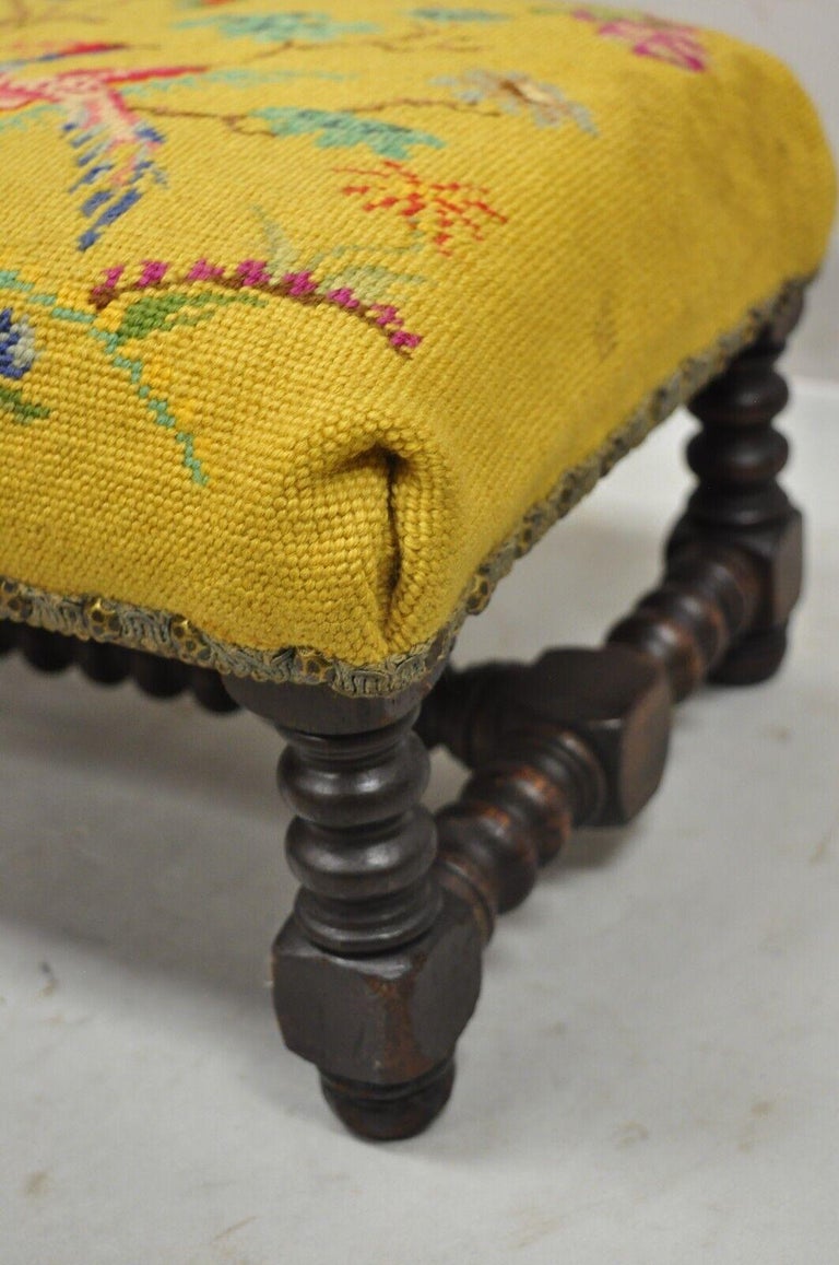 Antique Jenny Lind Turn Carved Walnut Needlepoint Small Footstool at