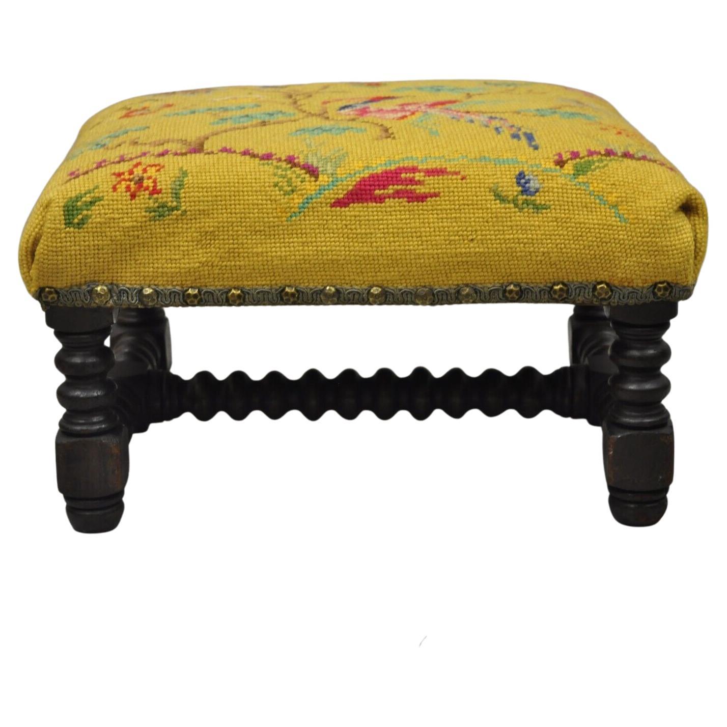 Antique Jenny Lind Turn Carved Walnut Needlepoint Small Footstool               