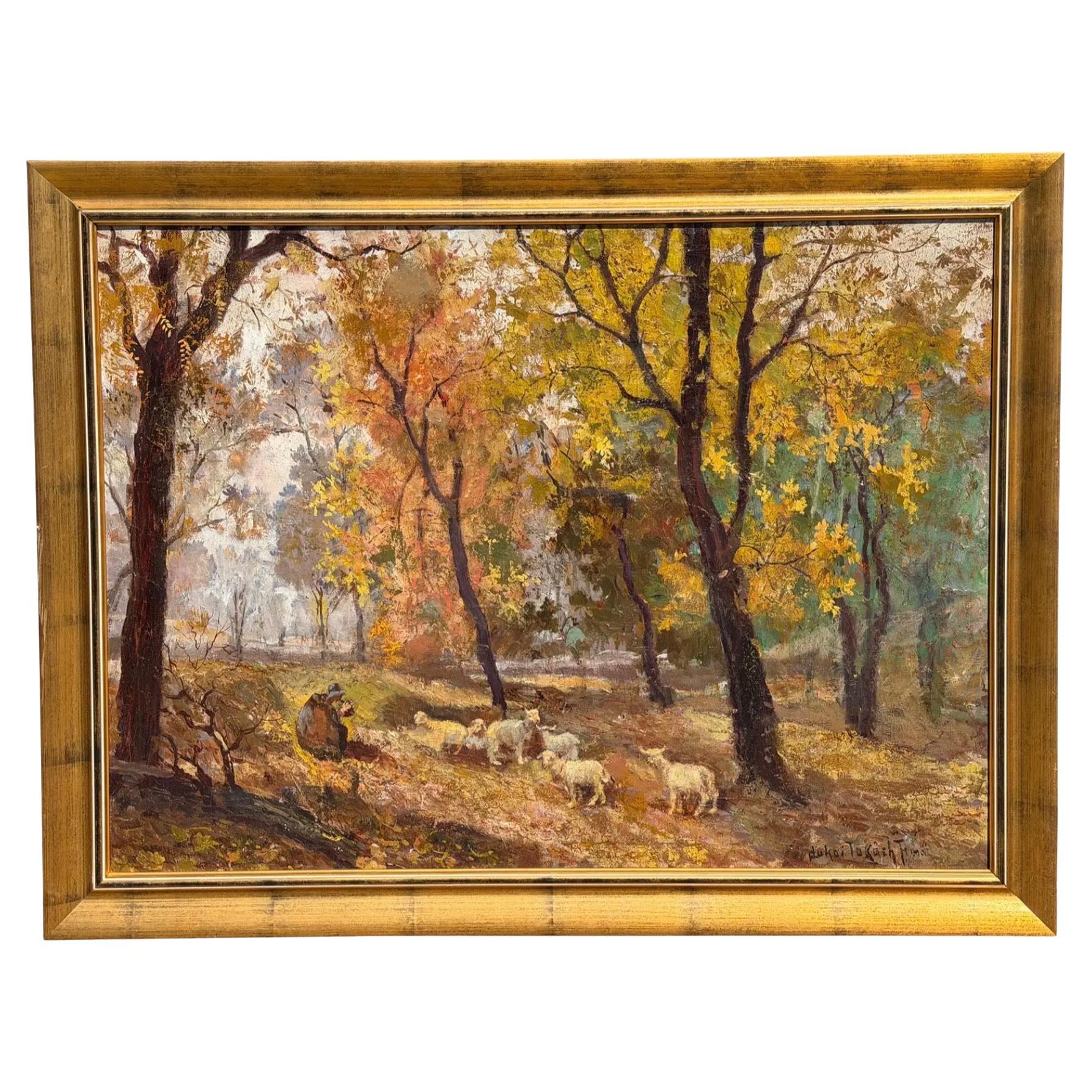 Antique Jeno Dukai Takach Oil Painting of Sheep in a Landscape