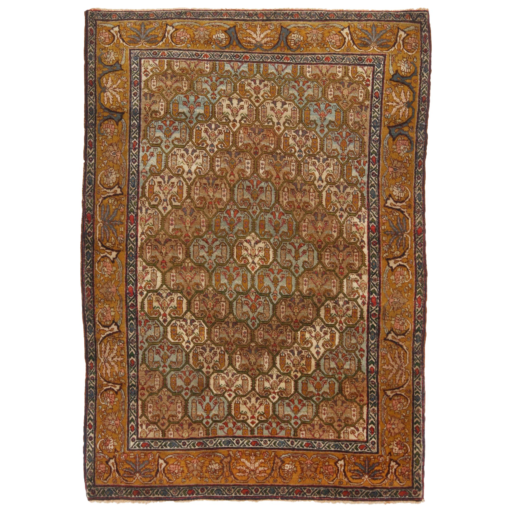 Antiker antiker Jerusalemer geblümter Teppich aus Wolle in Blau und Kupferbraun von Teppich & Kelim