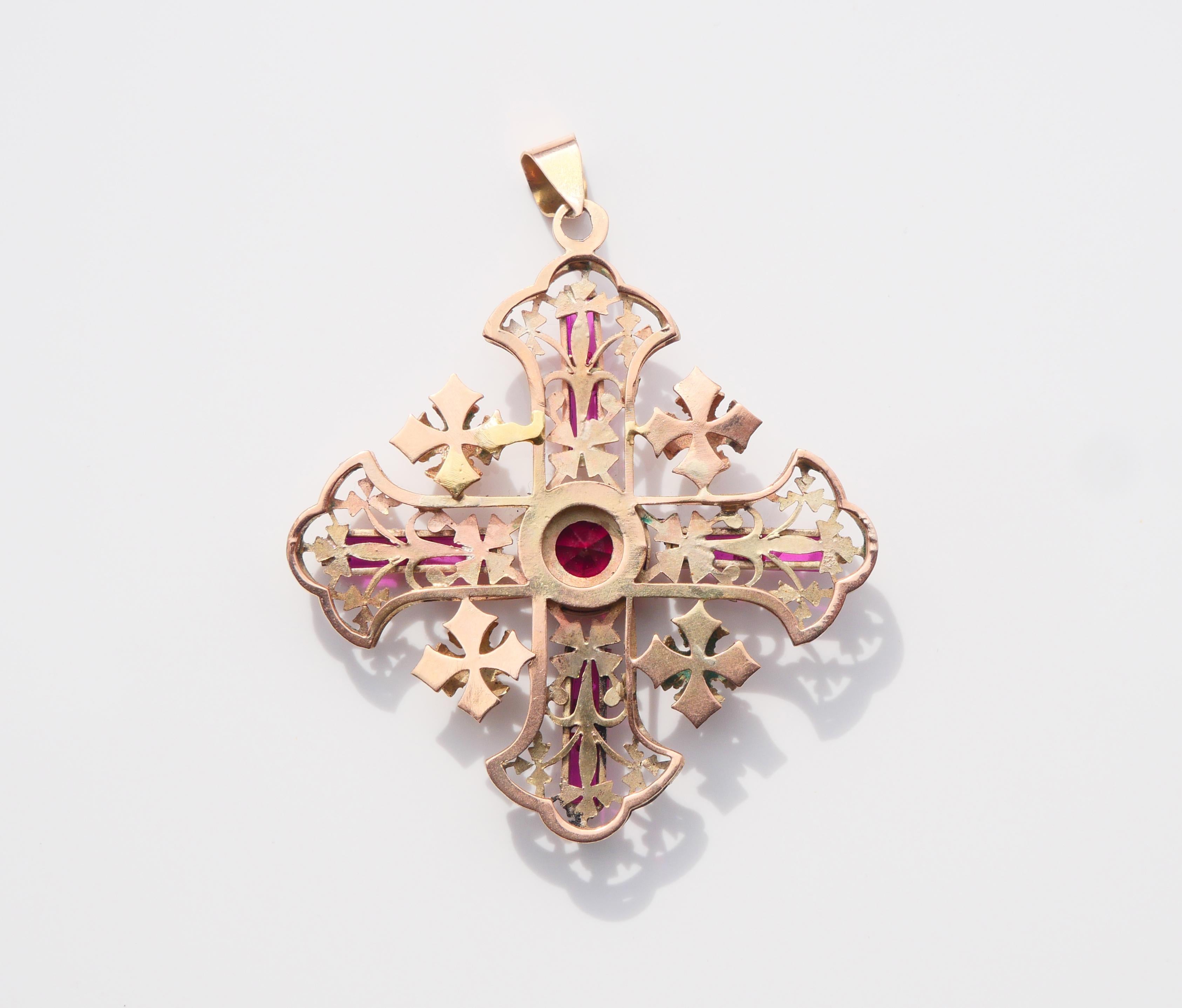 Medieval Antique Jerusalem Cross Crucifix Ruby solid 9K Gold /10.6 gr