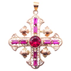 Antique Jerusalem Cross Crucifix Ruby solid 9K Gold /10.6 gr