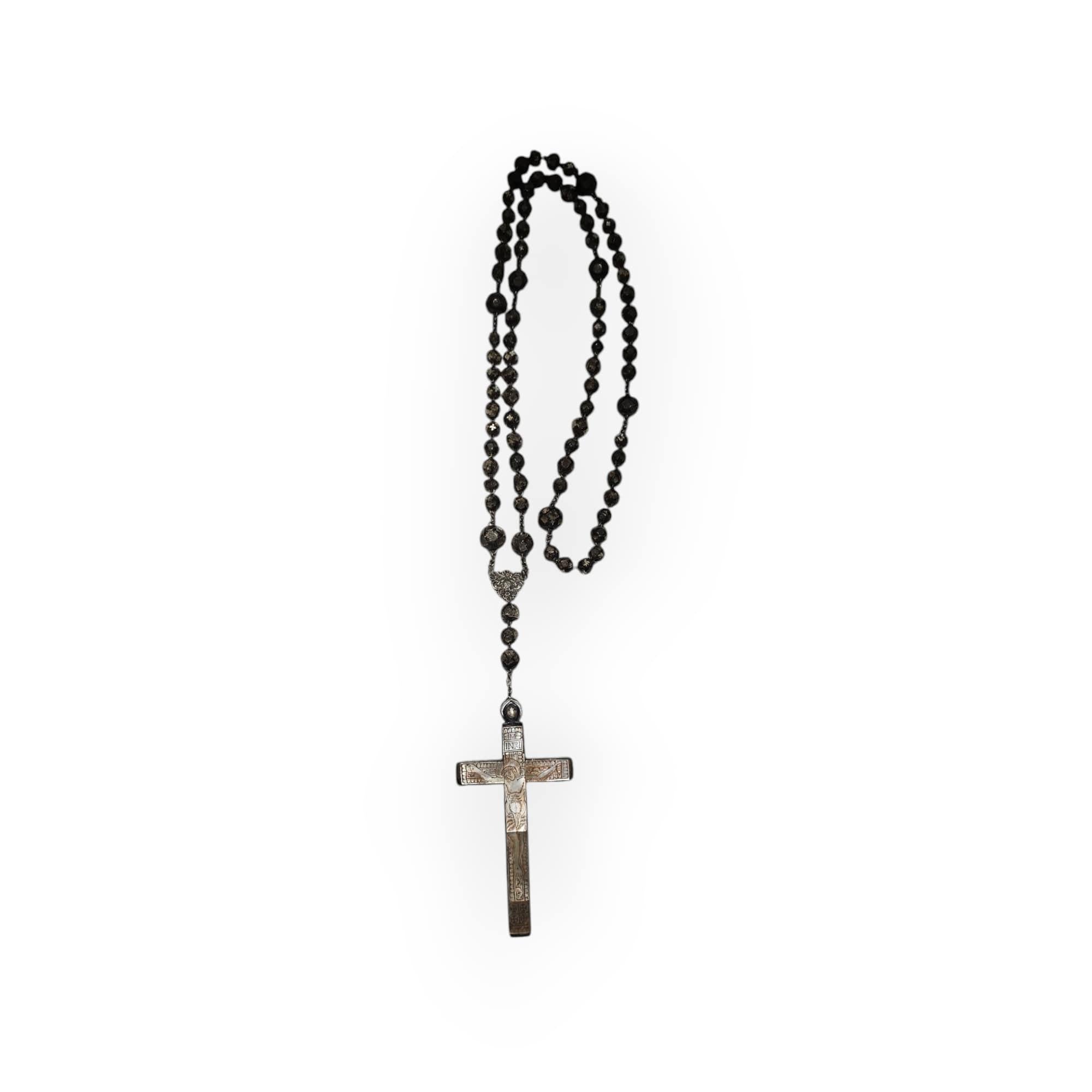 Exquisite 19th-century rosary cross from Jerusalem, crafted from olive wood and adorned with engraved mother-of-pearl plaques. The cross and beads are made of authentic olive wood, a traditional material used in religious artifacts from the Holy