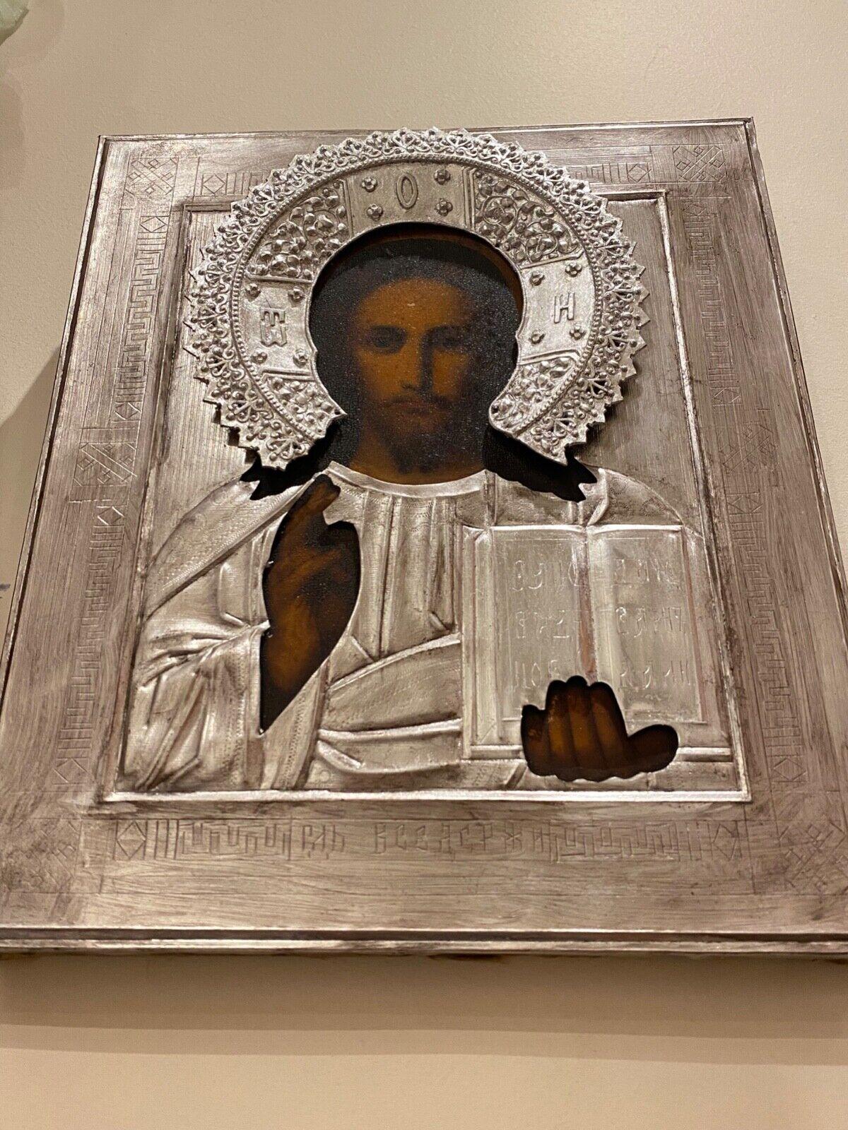 Antike Jesus Christus Pantokrator Ikone, Imperial Russia, XIX Jh. In Silbermetall. im Angebot 1
