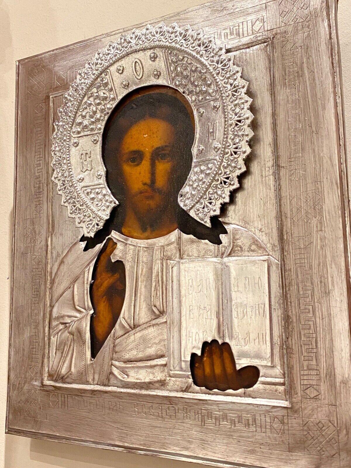 Antique Jesus Christ Pantocrator Icon, Imperial Russia, XIX c. In Silver Metal. In Excellent Condition For Sale In MELBOURNE, AU