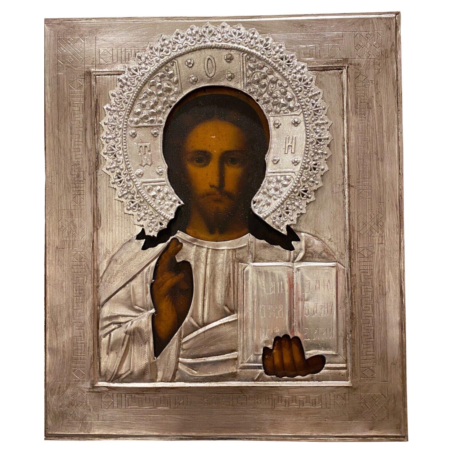 Antike Jesus Christus Pantokrator Ikone, Imperial Russia, XIX Jh. In Silbermetall. im Angebot