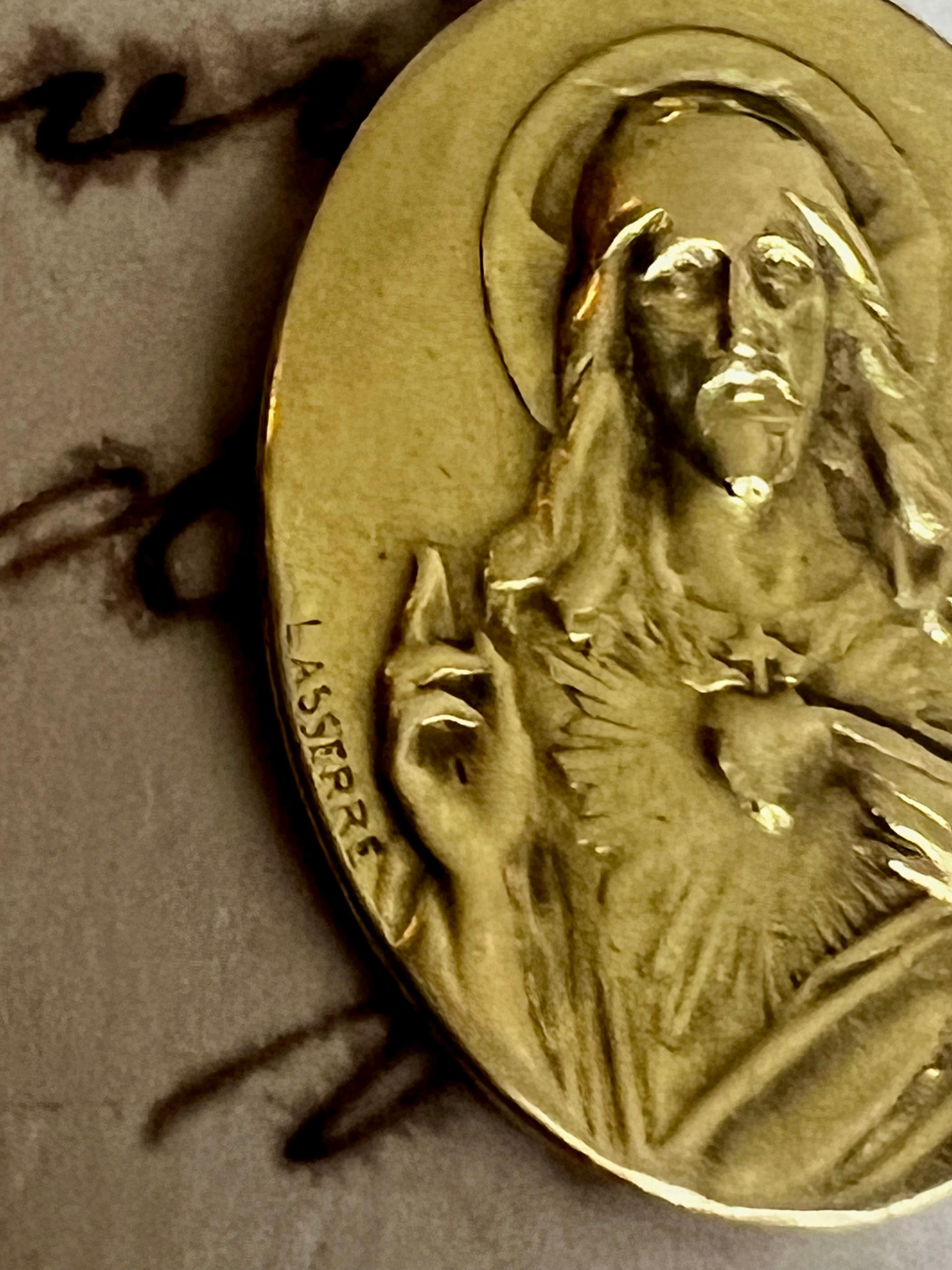 Women's or Men's Antique Jesus Christ Virgin Mary Pendant 18 ct Yellow Gold Art Nouveau Lasserre