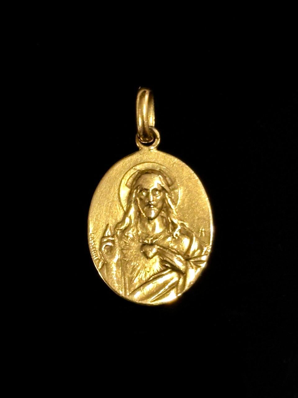 Antique Jesus Christ Virgin Mary Pendant 18 ct Yellow Gold Art Nouveau Lasserre 1