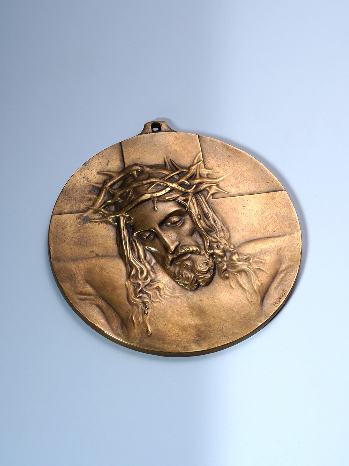Art Nouveau Antique Jesus Christ Portrait Medallion Plaque Henri Miault French Catholic 1900 For Sale