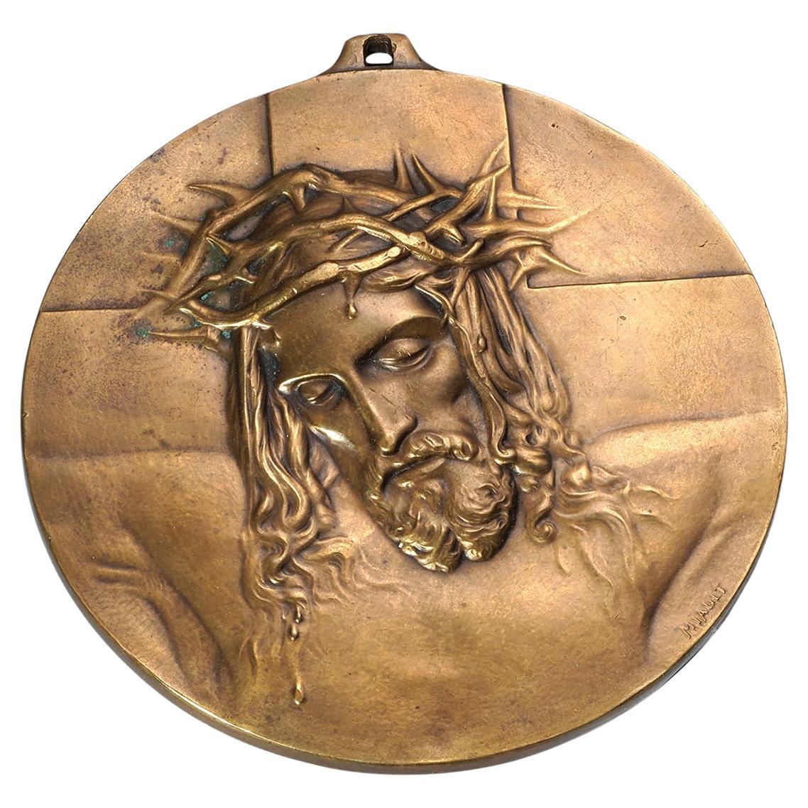 Antique Jesus Christ Portrait Medallion Plaque Henri Miault French Catholic 1900 For Sale