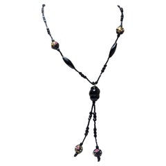 Antique Jet and Cloisonné Bead Y-Necklace with Gold-Filled Clasp