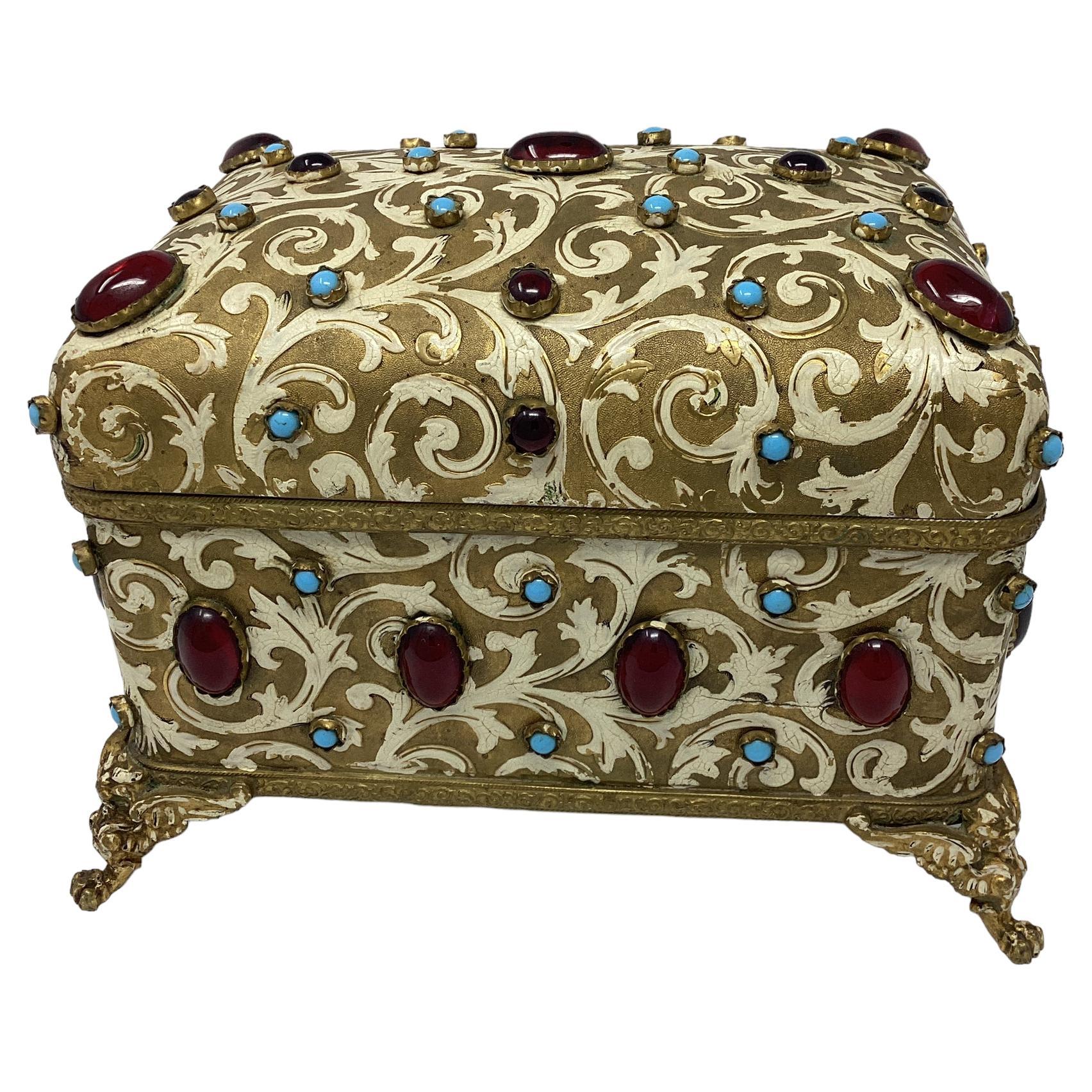 Antique Jewel Encrusted Gilt Bronze Dome Top Box For Sale