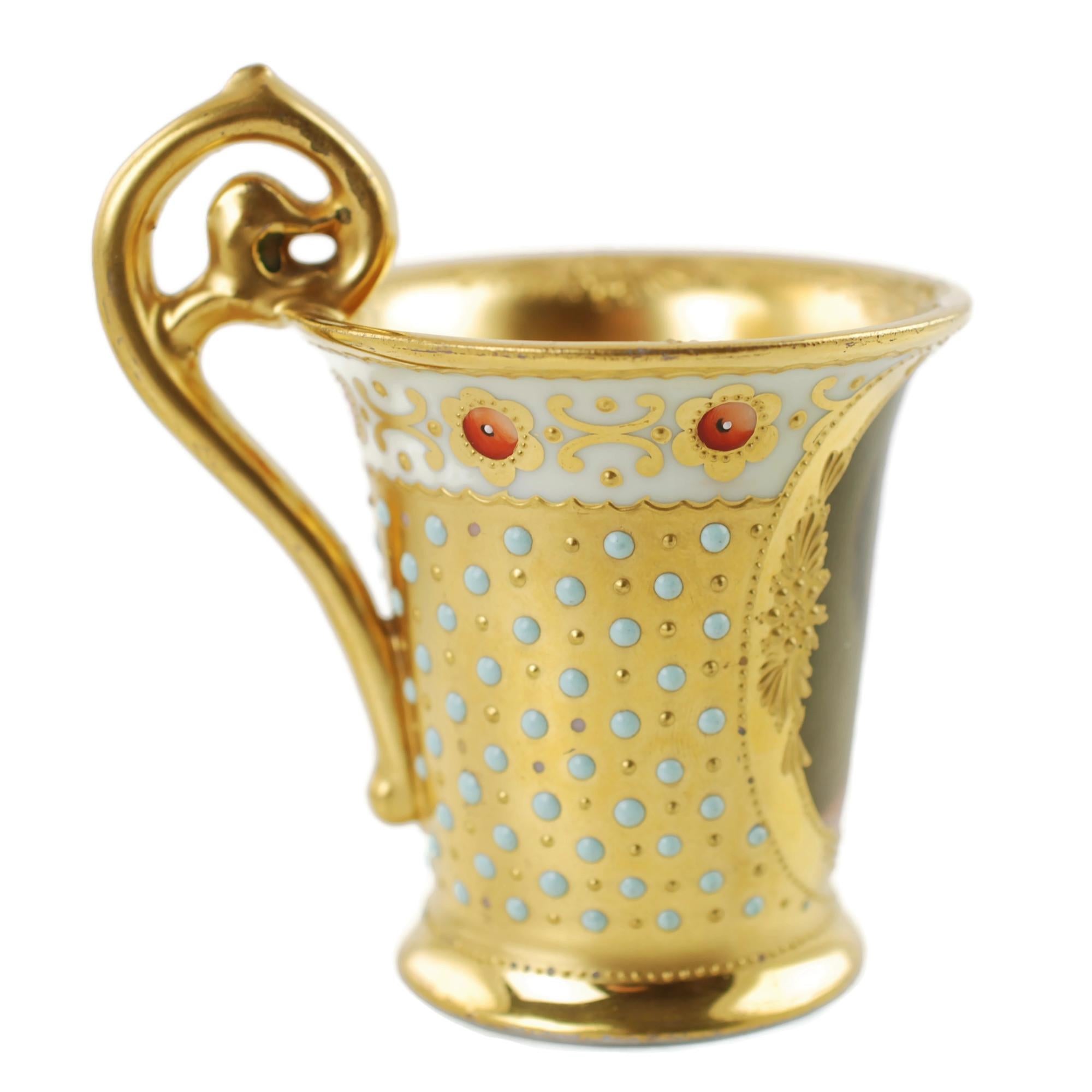 Enameled Antique Jeweled Gilt Encrusted Dresden Porcelain Signed Portrait Cup and Saucer
