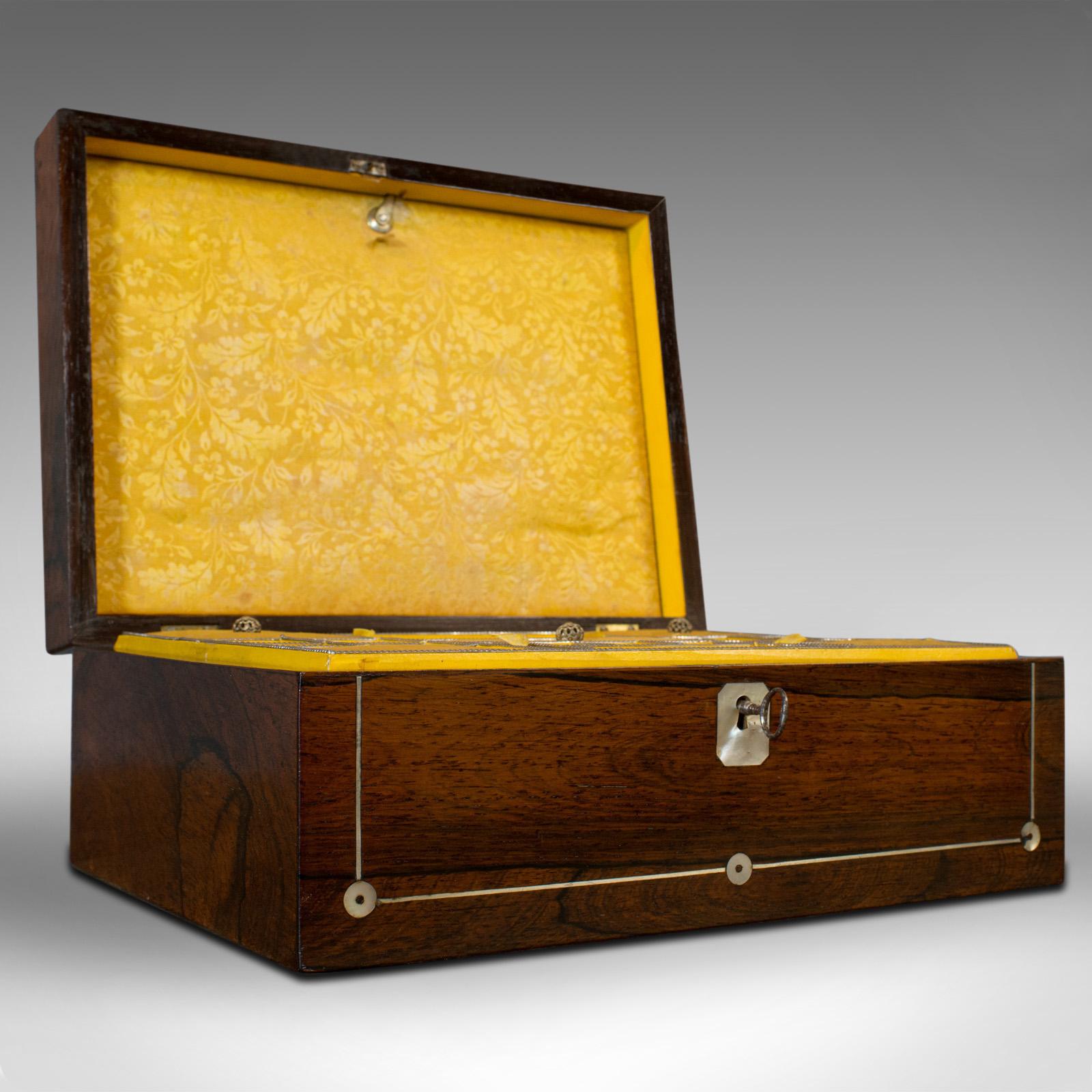 This is an antique jewellery box. An English, rosewood and mother of pearl sewing or haberdashery box, dating to the mid-Victorian period, circa 1870.

Beautiful jewelry box with arresting interior
Displays a desirable aged patina
Select