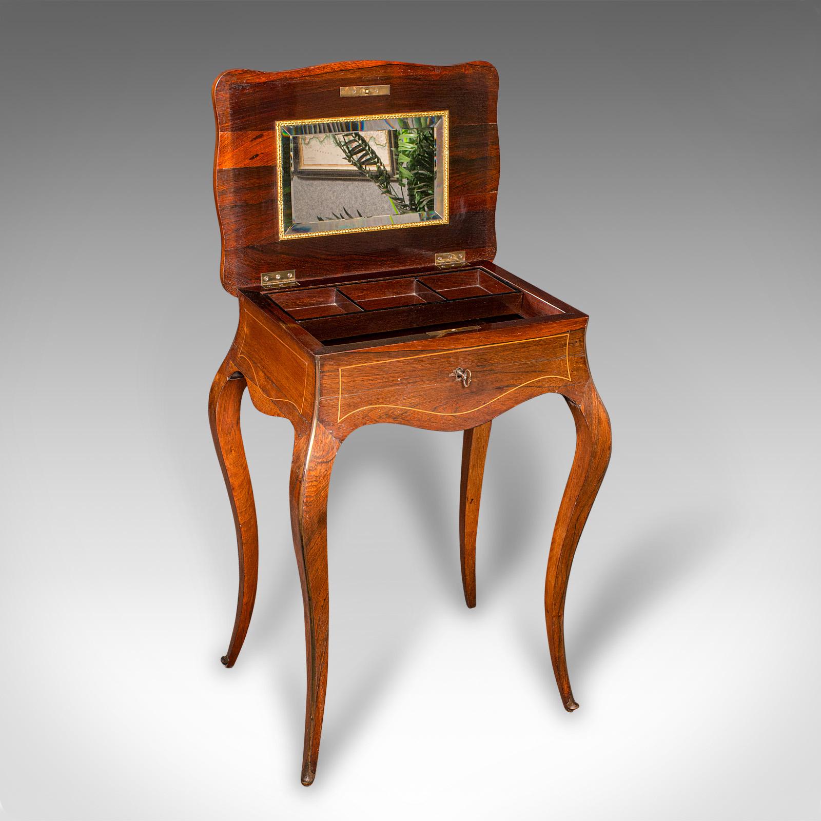 This is an antique jewellery table. A French, walnut and boxwood side or work table, dating to the late Victorian period, circa 1890. 

Exuding undeniable French elegance, displaying exceptional craftsmanship, fine materials and decorative