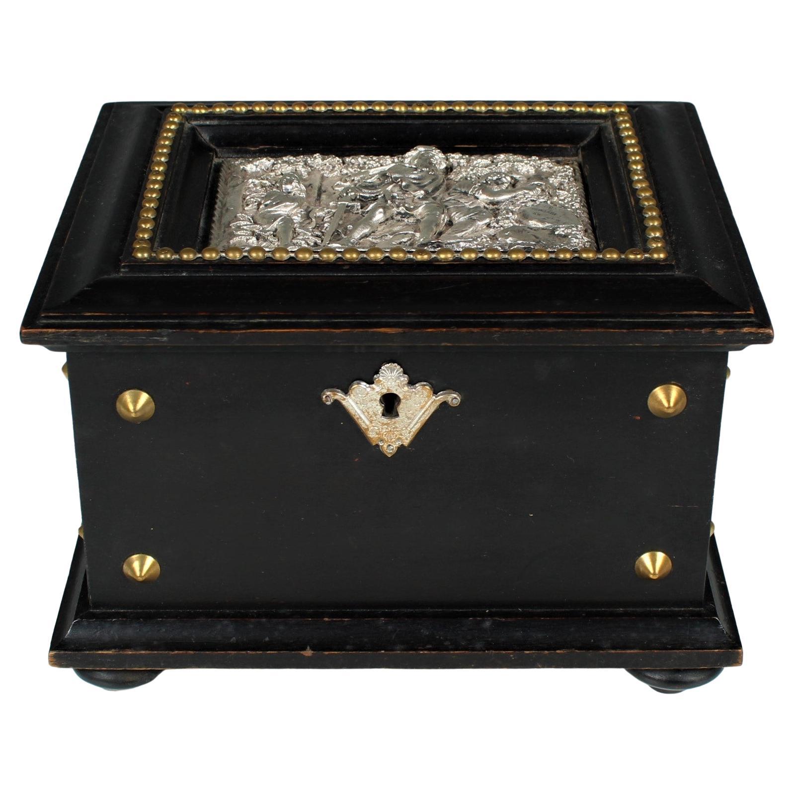 Antique Jewelry Box, Small Chest, Silver Ornament, circa 1900