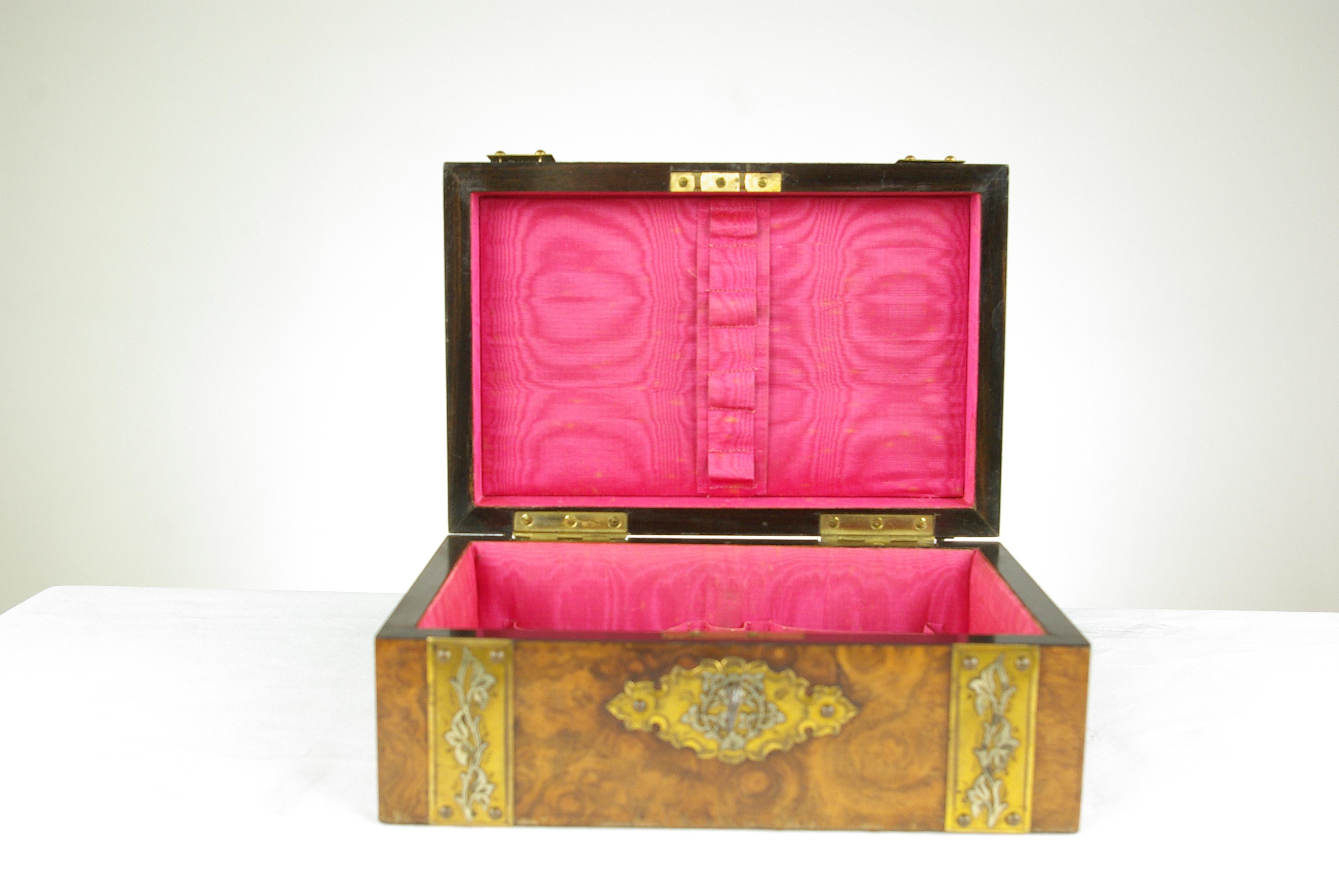 Hand-Crafted Antique Jewelry Box, Walnut Box, Silk Lined Box, Dome Top, Scotland, 1880