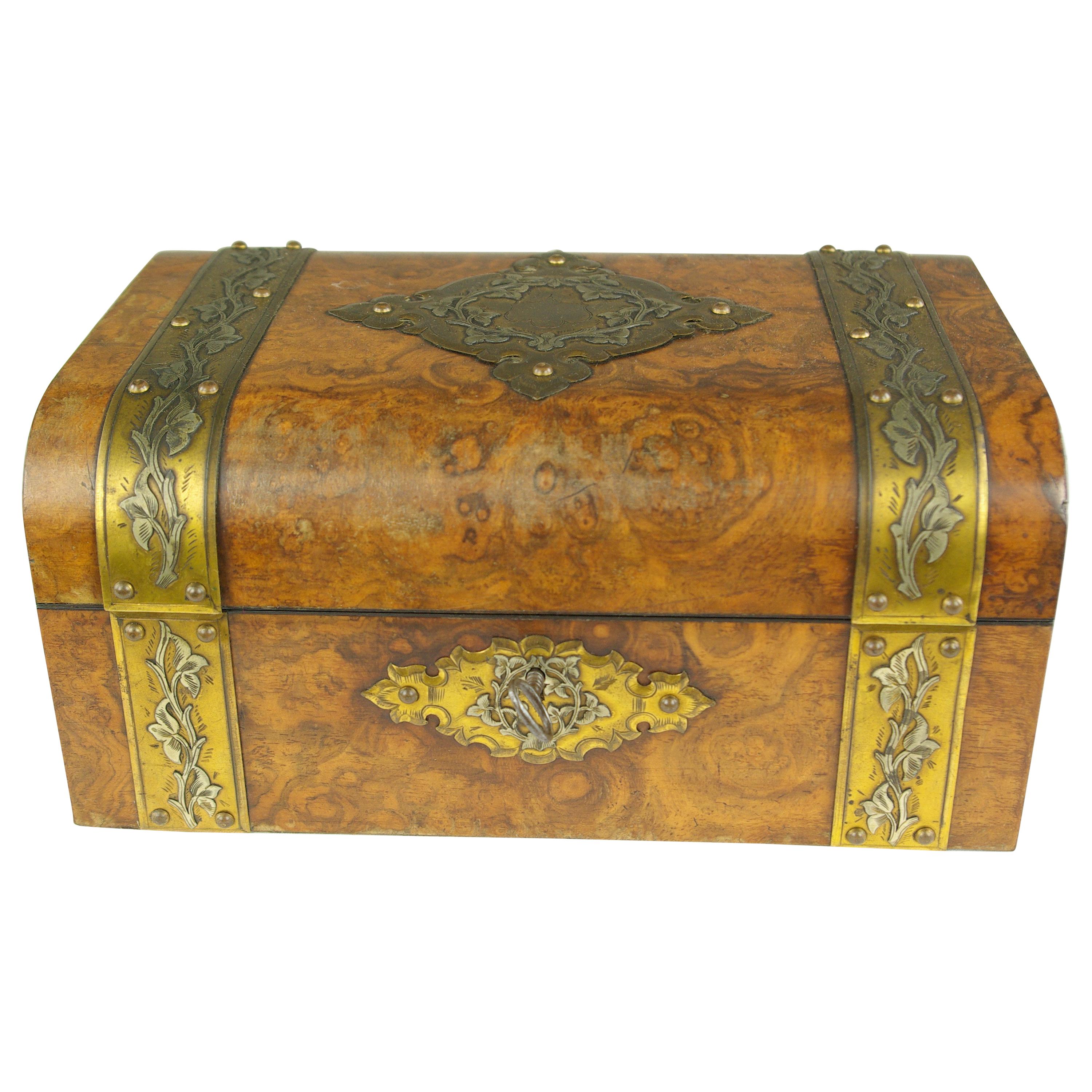 Antique Jewelry Box, Walnut Box, Silk Lined Box, Dome Top, Scotland, 1880