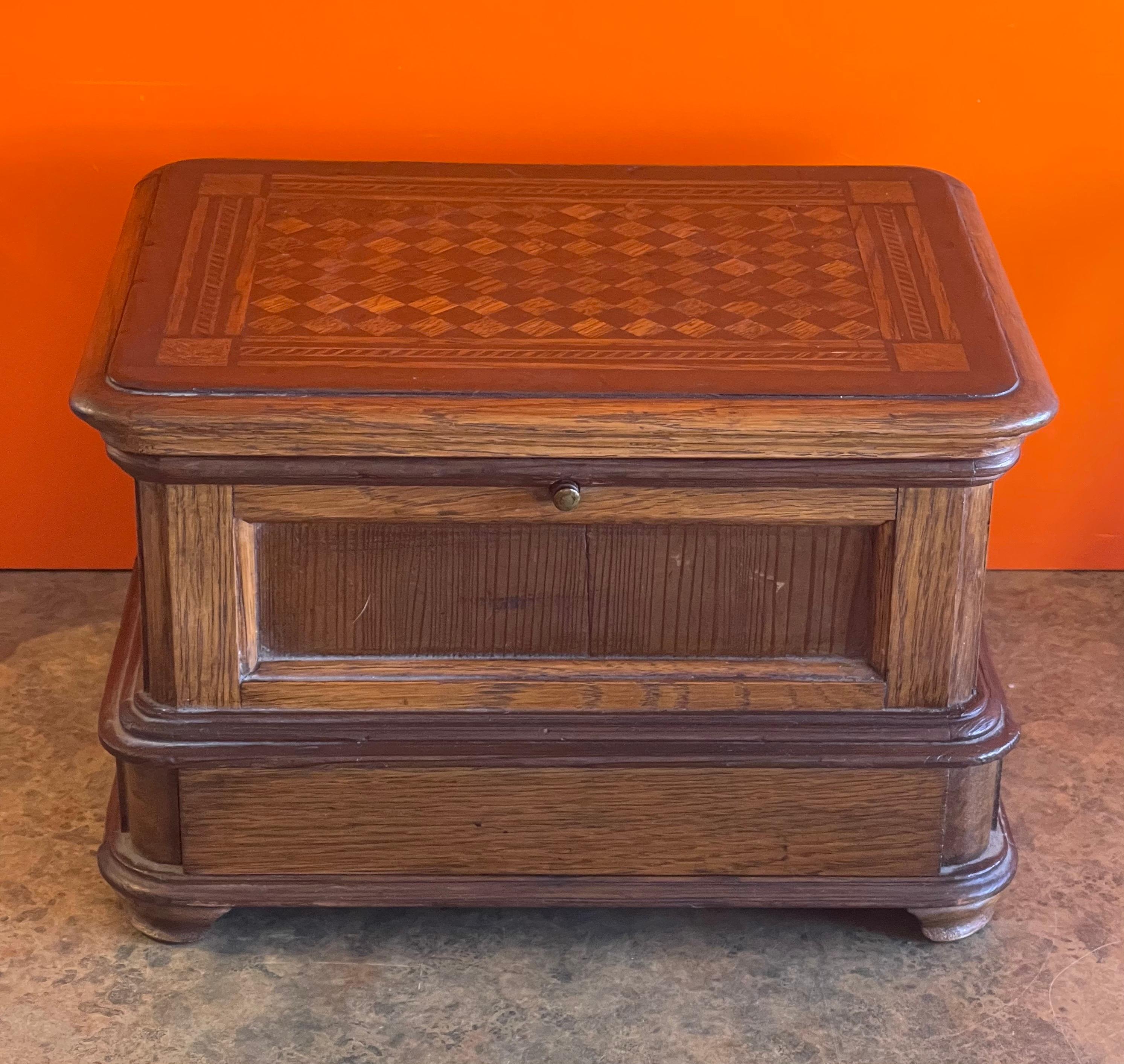American Antique Jewelry Box with Inlaid Wood Top For Sale