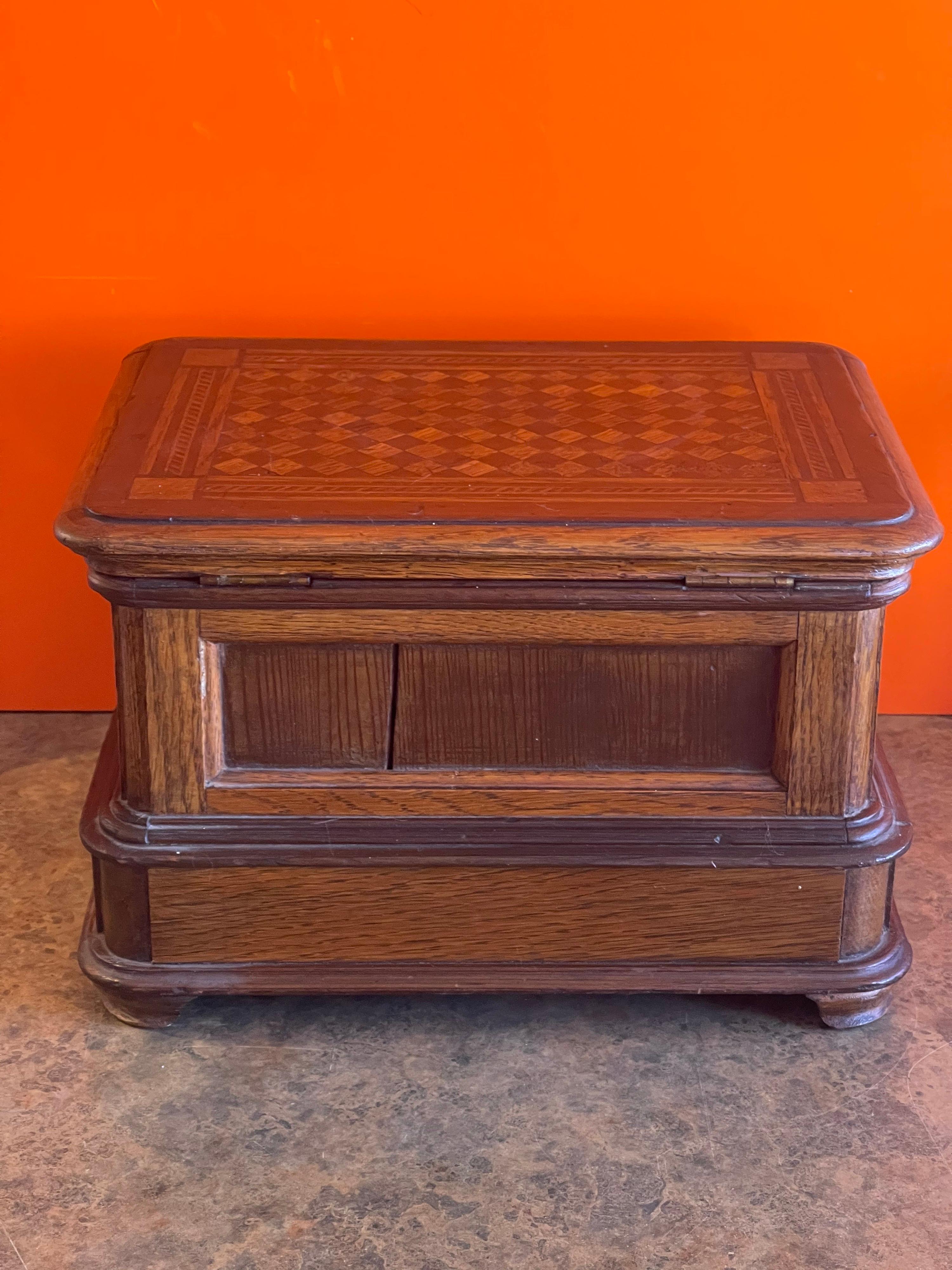 Mahogany Antique Jewelry Box with Inlaid Wood Top For Sale